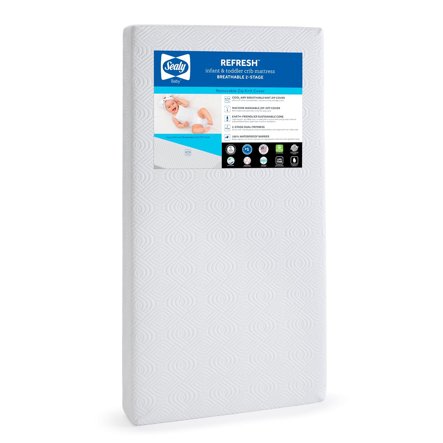 SEALY BABY Refresh Breathable 2 Stage Waterproof Crib Mattress Plus Toddler Bed Fit, Removable Knit Cover, GREENGUARD Gold Certified, Safety & Quality Tested, Made in USA, 52X28 -White OmniPedic Refresh
