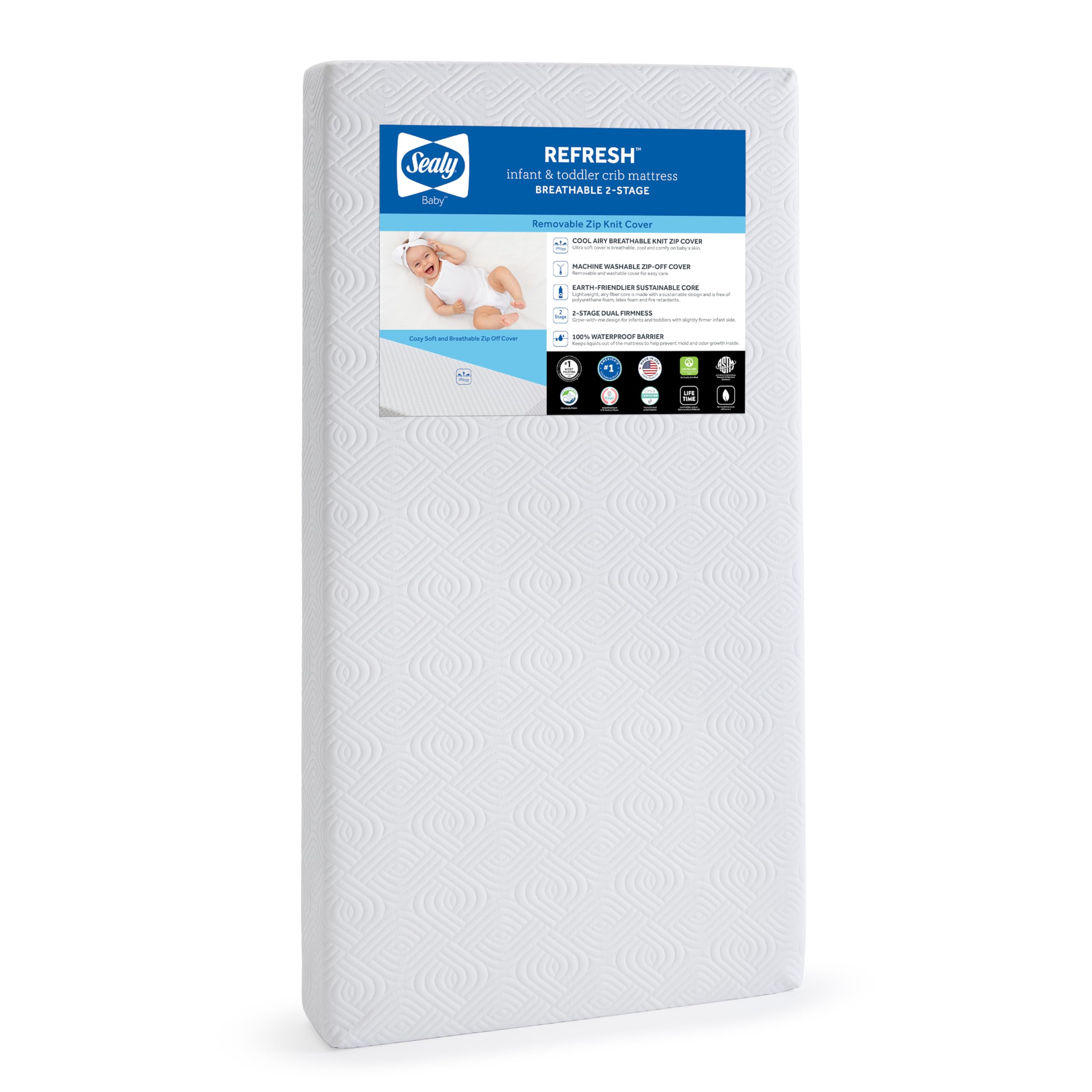 Sealy Baby Refresh Breathable 2 Stage Waterproof Crib Mattress Plus Toddler Bed Fit, Removable Knit Cover, GREENGUARD Gold Certified, Safety & Quality