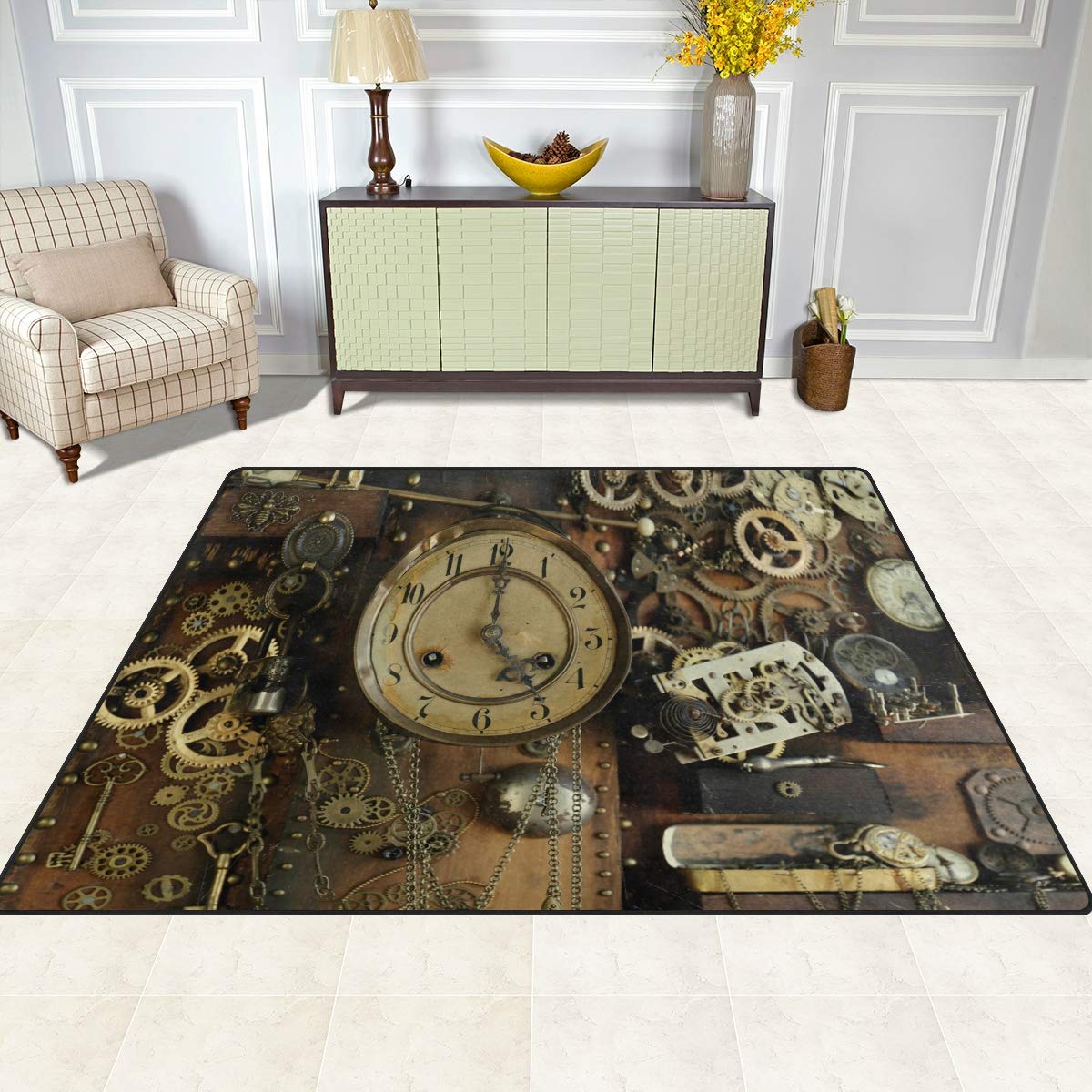 Tapis vintage steampunk avec engrenages anciens pour salon, chambre à coucher, 160 cm x 122 cm
