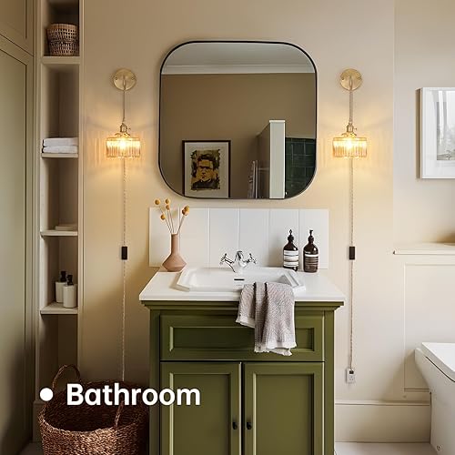 Miniatura 6 de Lámpara de pared vintage con pantalla de vidrio a rayas ámbar, aplique de pared colgante con cable de enchufe de 4.9 pies, lámpara de pared moderna