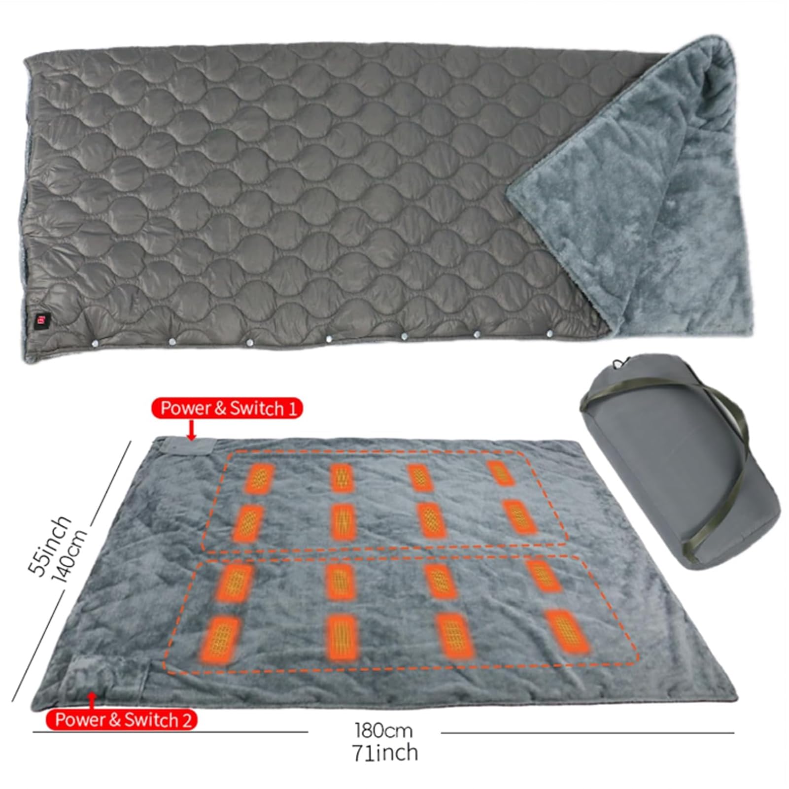 Manta térmica portátil con batería para exteriores, con USB, recargable, inalámbrica, tamaño Queen, 16 zonas de calefacción, 3 ajustes de calor, incluye bolsa de almacenamiento (caqui)