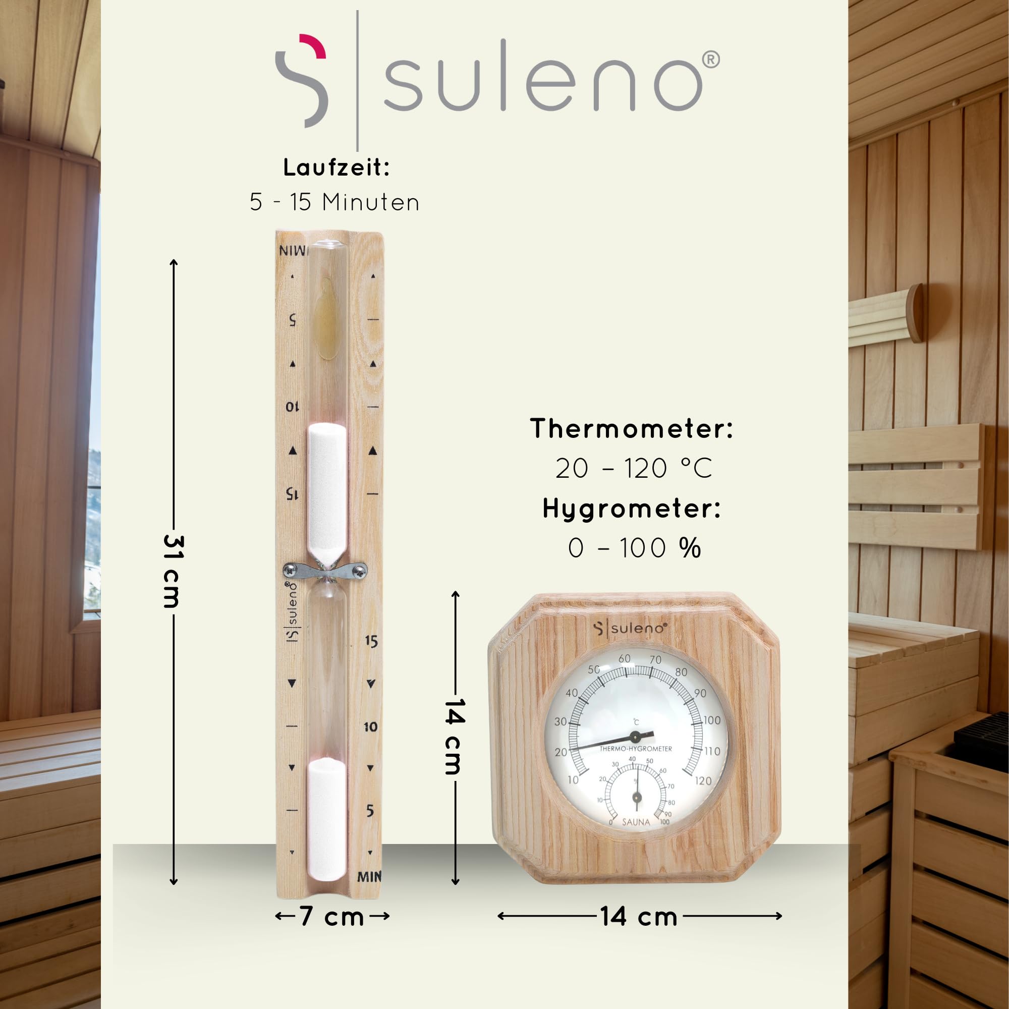 SULENO Saunazubehör Set ANNA, 2-teiliges Set mit Klimamesser, Sanduhr | Temperatur- und Luftfeuchtigkeitsmesser, Hitzebeständig, Wandmontage, Perfekt für Sauna und Wellness