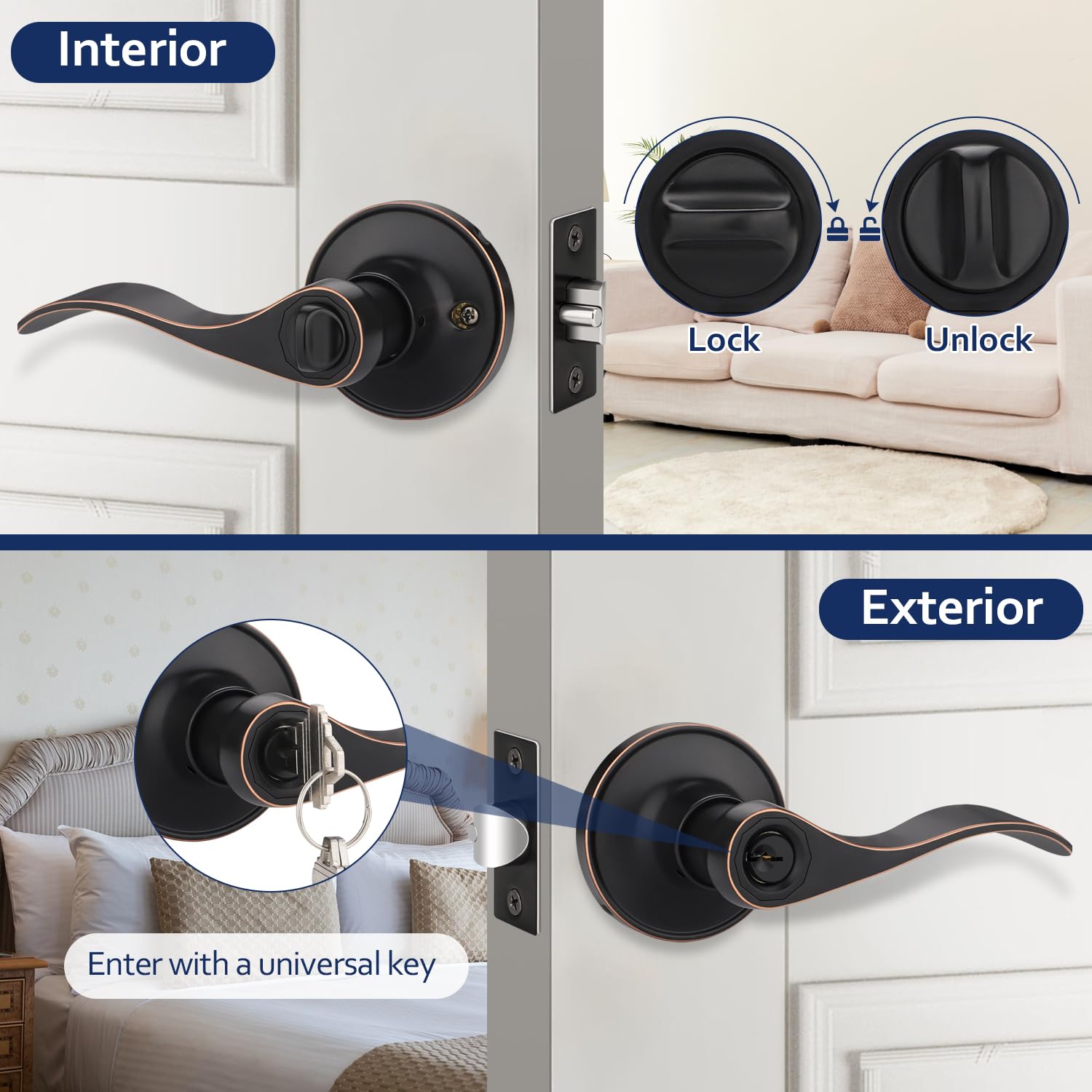 LOQRON Wave Style Door Lever Privacy Door Handle, 5 Pack Wholesale Keyless Interior Lever Reversible For Left/Right Handed For Bedroom, Bathroom - View #8