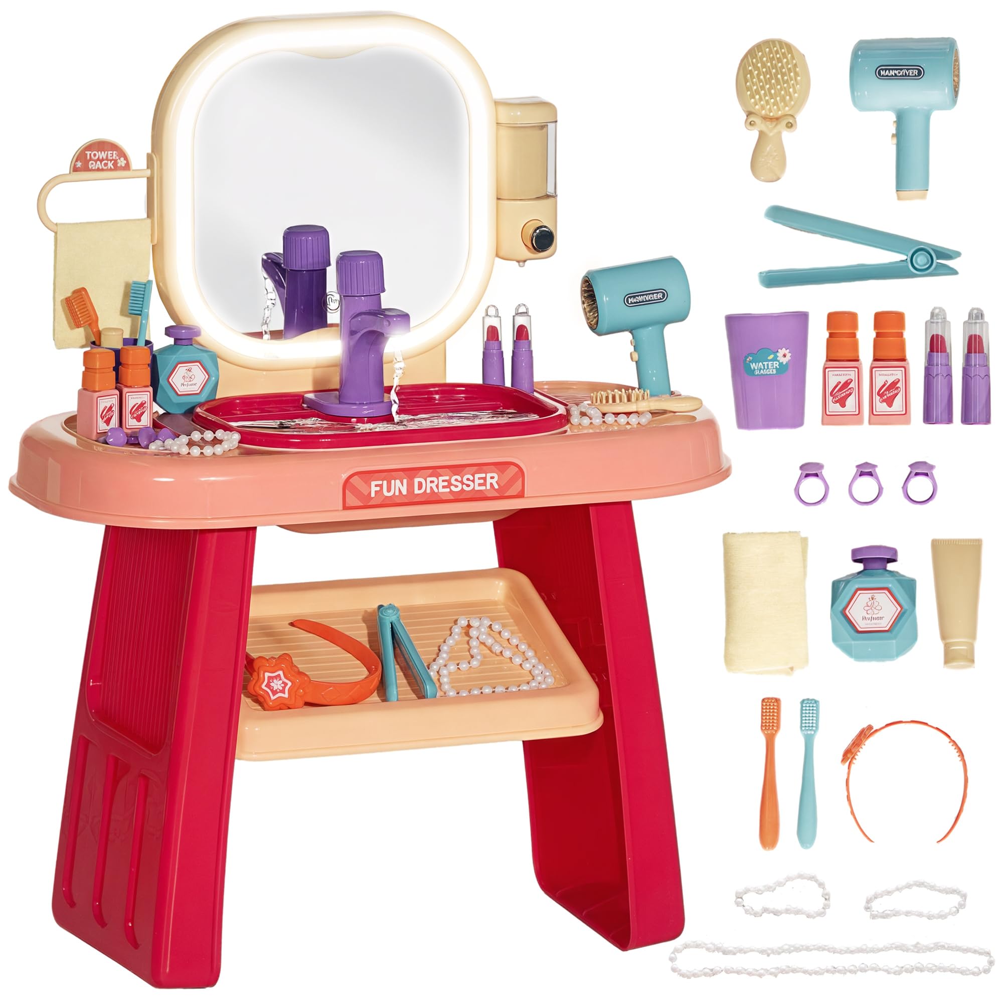 AIYAPLAY Tavolo Toeletta per Bambine 3-6 Anni con Specchio in Acrilico e Rubinetto, Gioco per Bambini in Plastica, 55x29x71 cm, Rosa