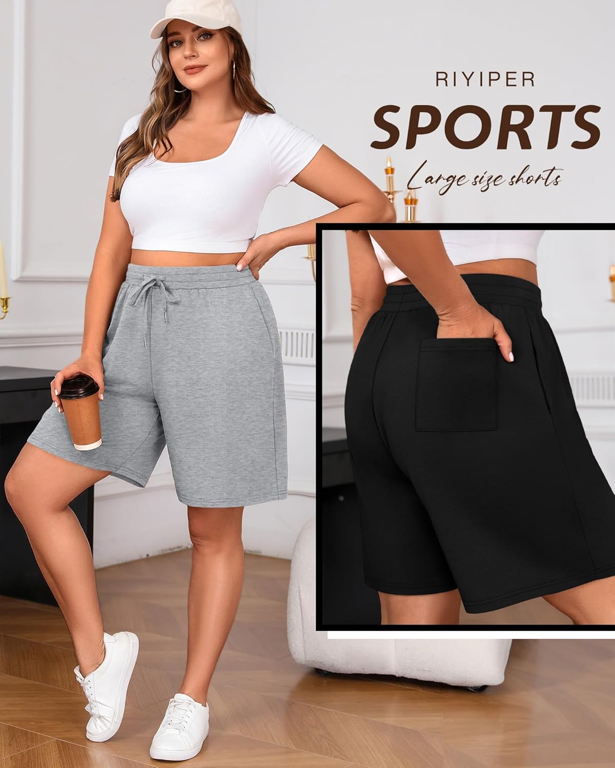 Riyiper 3 Pack Women's Plus Size Shorts Drawstring Bermuda Shorts Casual Wide Leg Knee Length Shorts with Pockets - Image 5