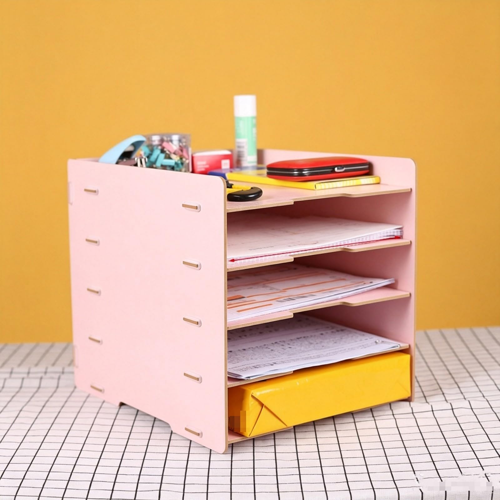 Organizzatore da Scrivania in Legno per Documenti, Lettere e Posta, Scaffale Impilabile per Riporre Documenti e Dispense Stampate in Ufficio(7-Tier_B_Brown)