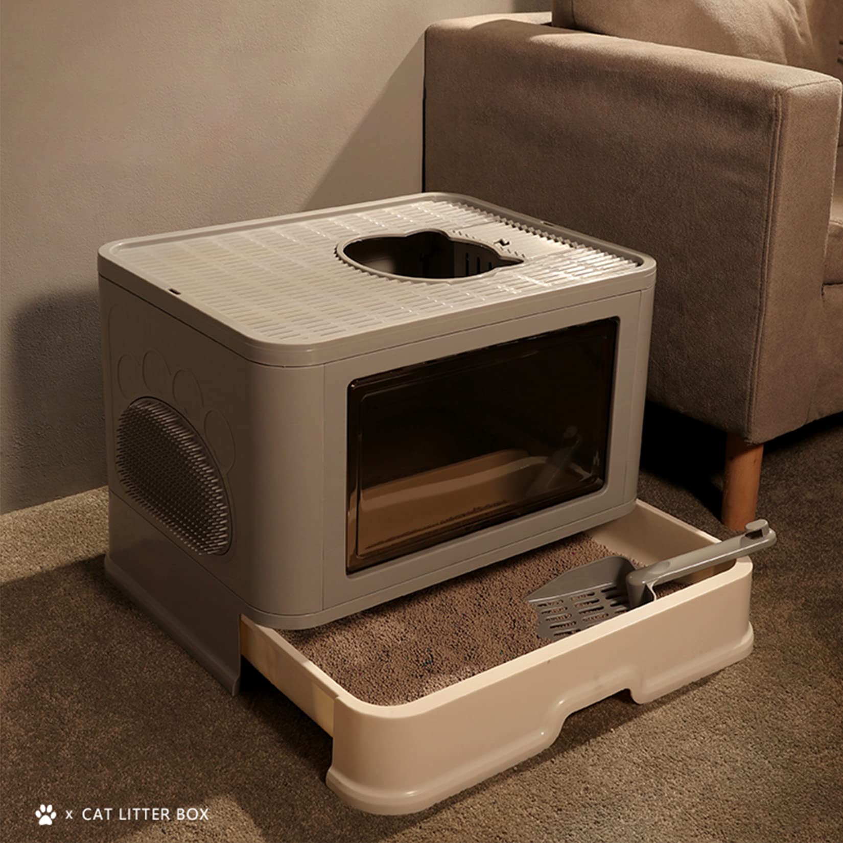 BingoPaw Arenero Gatos Cubierto Grande XXL con Cajon Bandeja Extraíble Caixa de Areia para Gatos Plegable Cerrado sin Olor con Pala y Almacenamiento de Bolsa de Basura, Cepillo de Masaje