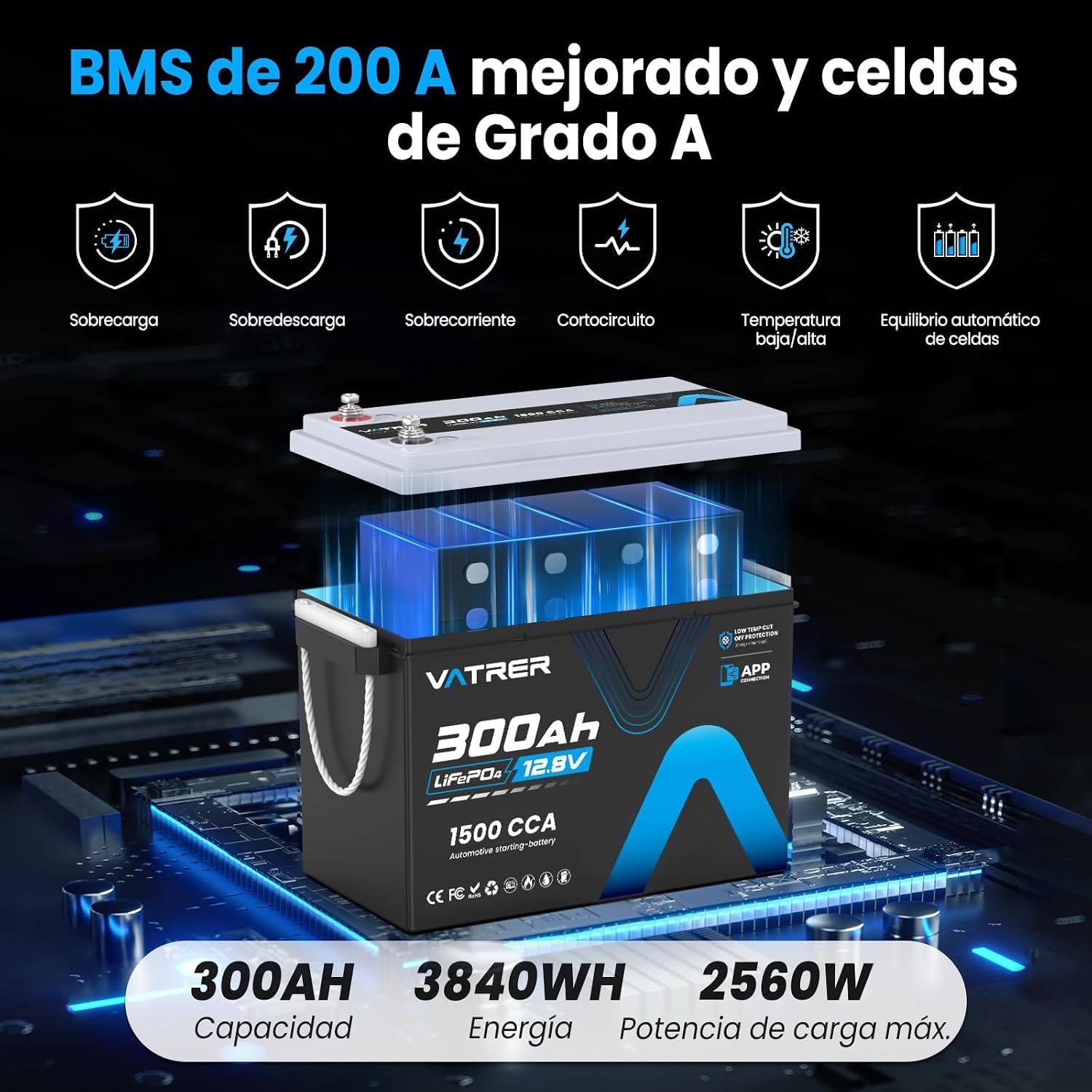 VATRER POWER Batterie LiFePO4 12 V 300 Ah avec application Bluetooth