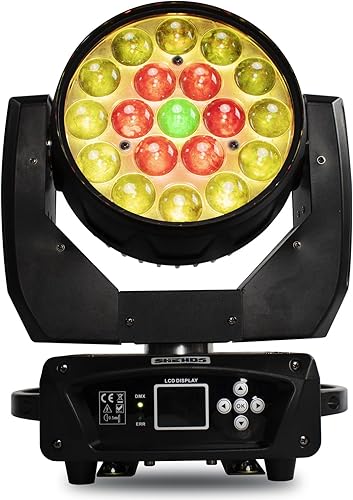 SHEHDS Luz de cabeza móvil LED de 19 x 15 W RGBW 4 en 1 con efecto de haz/lavado/zoom, luces profesionales DMX512 y control activado por sonido,
