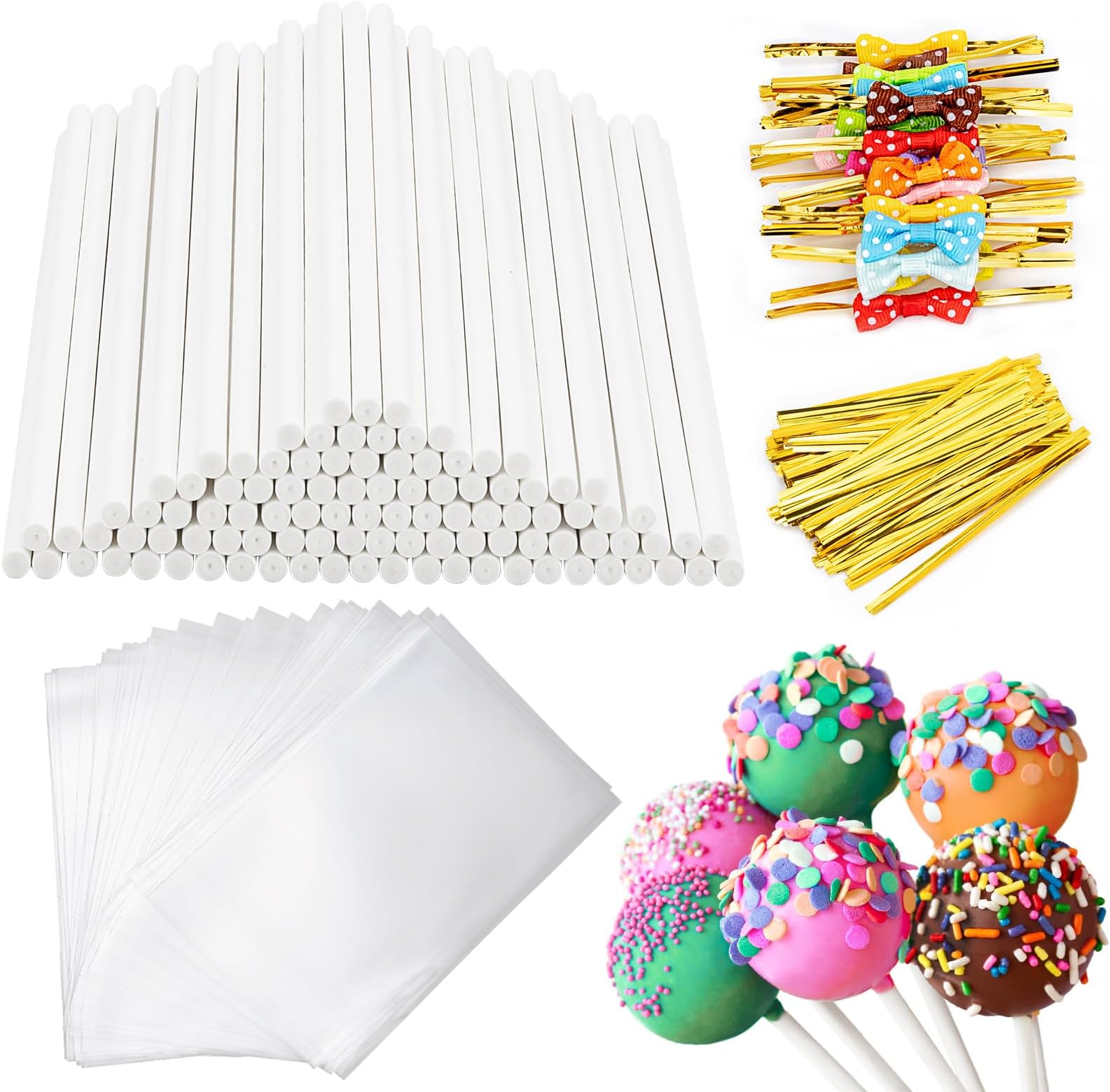 SOTMALTK 320Pcs Cake Pop Sticks and Wrappers Kit, 6inch Lollipop Sticks with Cake Pop Bags and Metallic Twist Ties Bow, Perfect for Making Lollipops,Candies,Chocolates and Cookies - Great for Parties