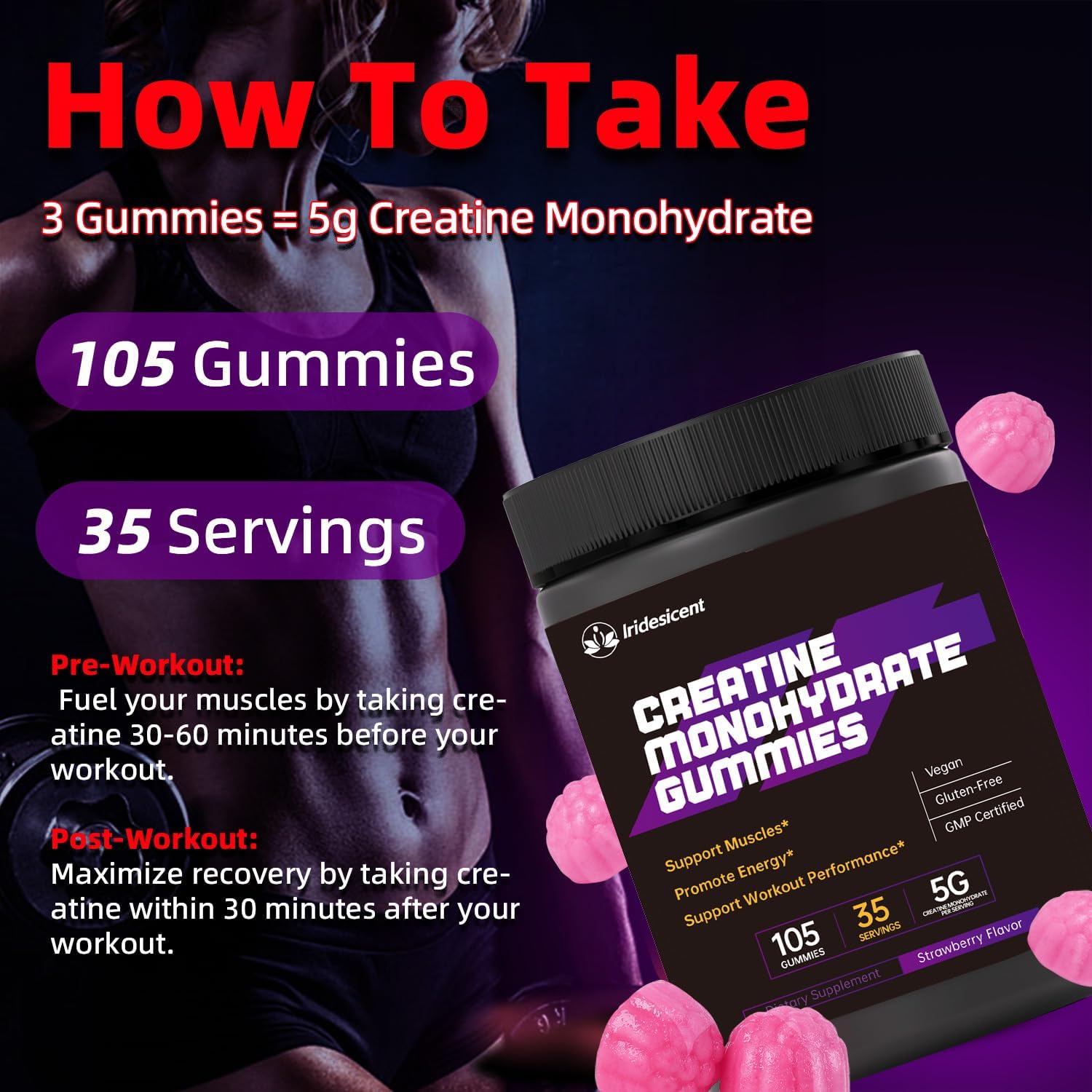 5000mg Creatine Monohydrate Gummies (105 Gummies, Strawberry)