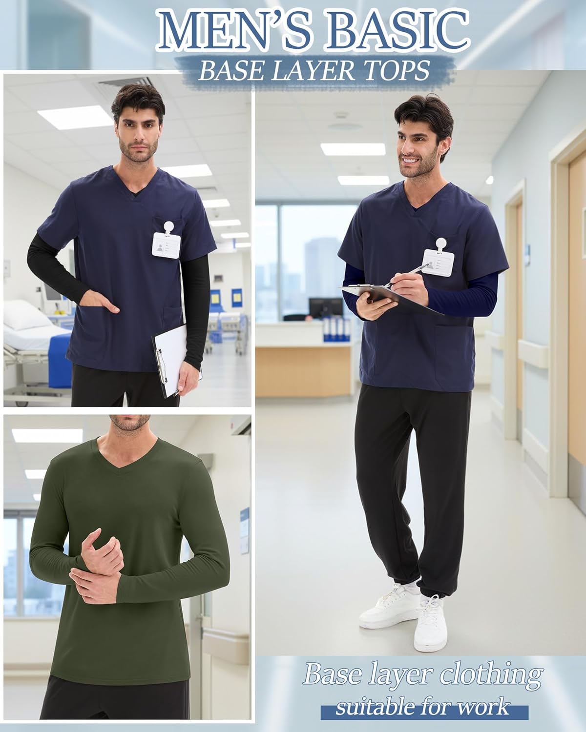 3 Pack Men's Long Sleeve Underscrub Nurse V Neck Scrub Undershirts Fitted Base Layer Tees for Medical Uniforms - Image 6
