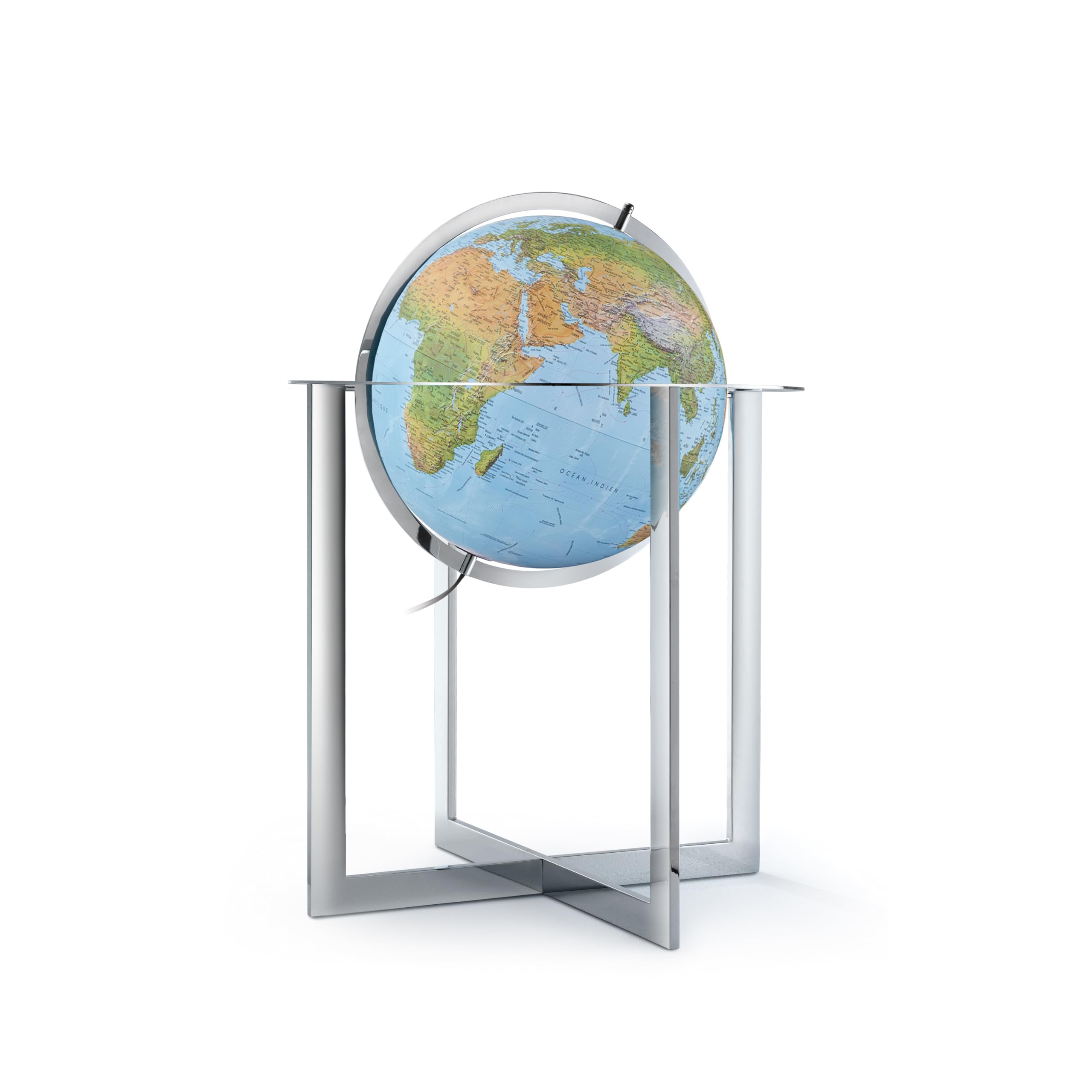 Mappamondo Luminoso da Terra con Base in Acciaio Cromato, Cartografia Fisico-Politica, Diametro 50 cm, Altezza 103 cm, Steel Blue - Progressio