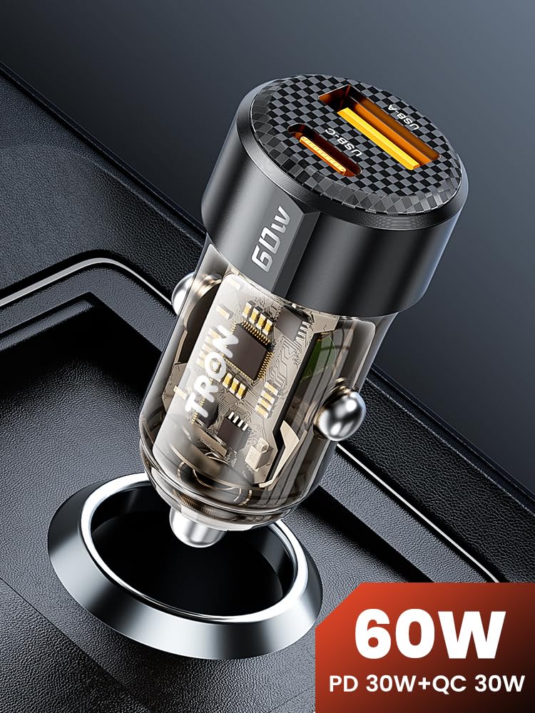 TRON 60W Dual Port Fast Car Power Adapter (30W PD USB-C + 30 USB-A) Transparent Kompakt Zigarettenanzünder Ladegerät für iPhone, Samsung, Android - Braun Schwarz -TR13