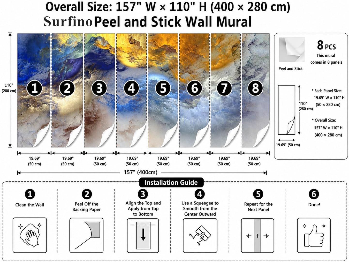 Luxury Gold Blue Cloud Peel and Stick Wall Mural, Abstract Nebula Self-Adhesive Wallpaper, Removable Modern Accent Decor for Home (Color34, 157" x 110")