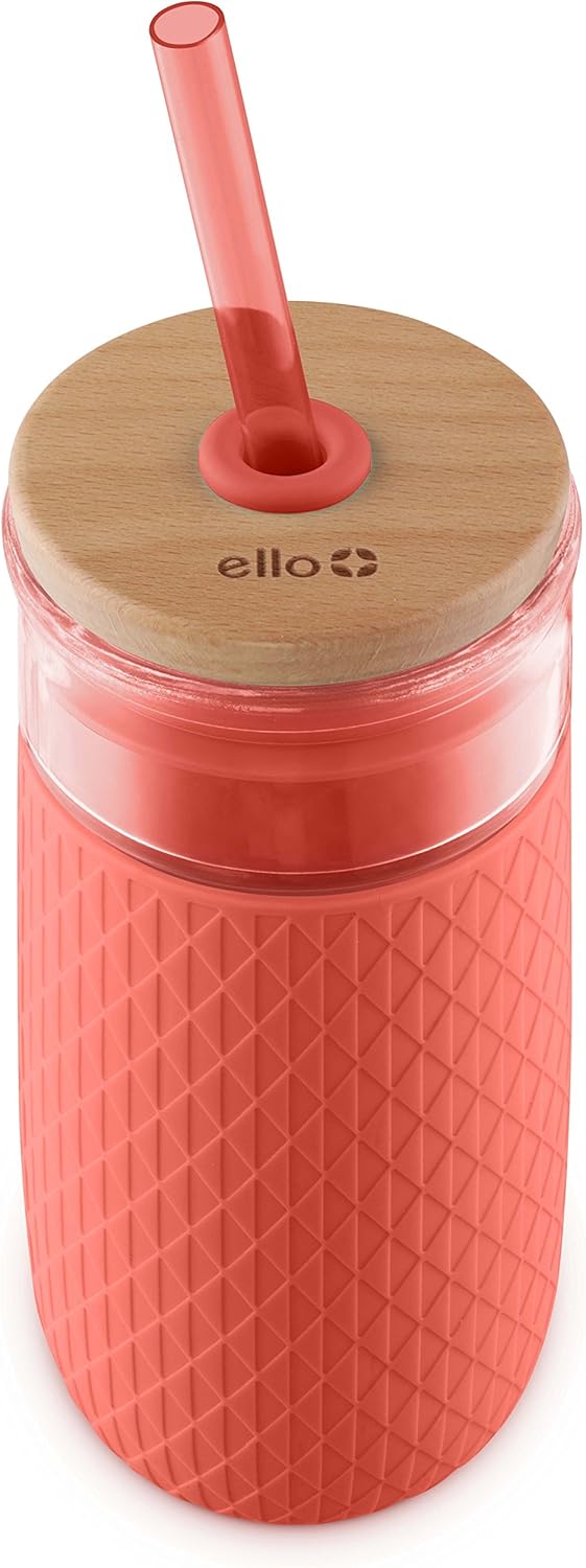 Ello Devon Glass Tumbler with Protective No Sweat Silicone Sleeve and Splash Proof Wooden Detail Lid with Straw, 18 oz : Home & Kitchen