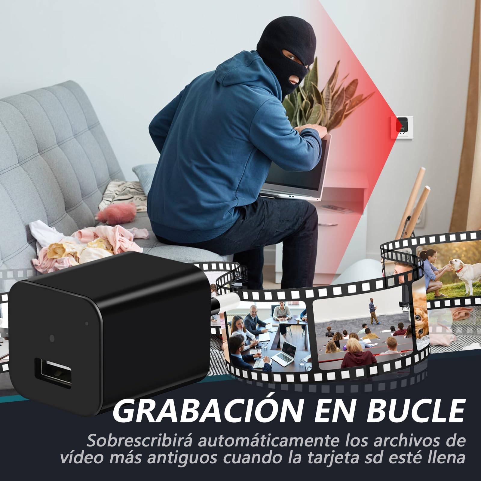 LXMIMI USB Cámara Oculta, HD 1080P Mini Cámara Espía | Cargador USB Cámara Oculta, Adaptador de Carga Cámara Espía Oculta, Soporte de Detección de Movimiento y Grabación en Bucle