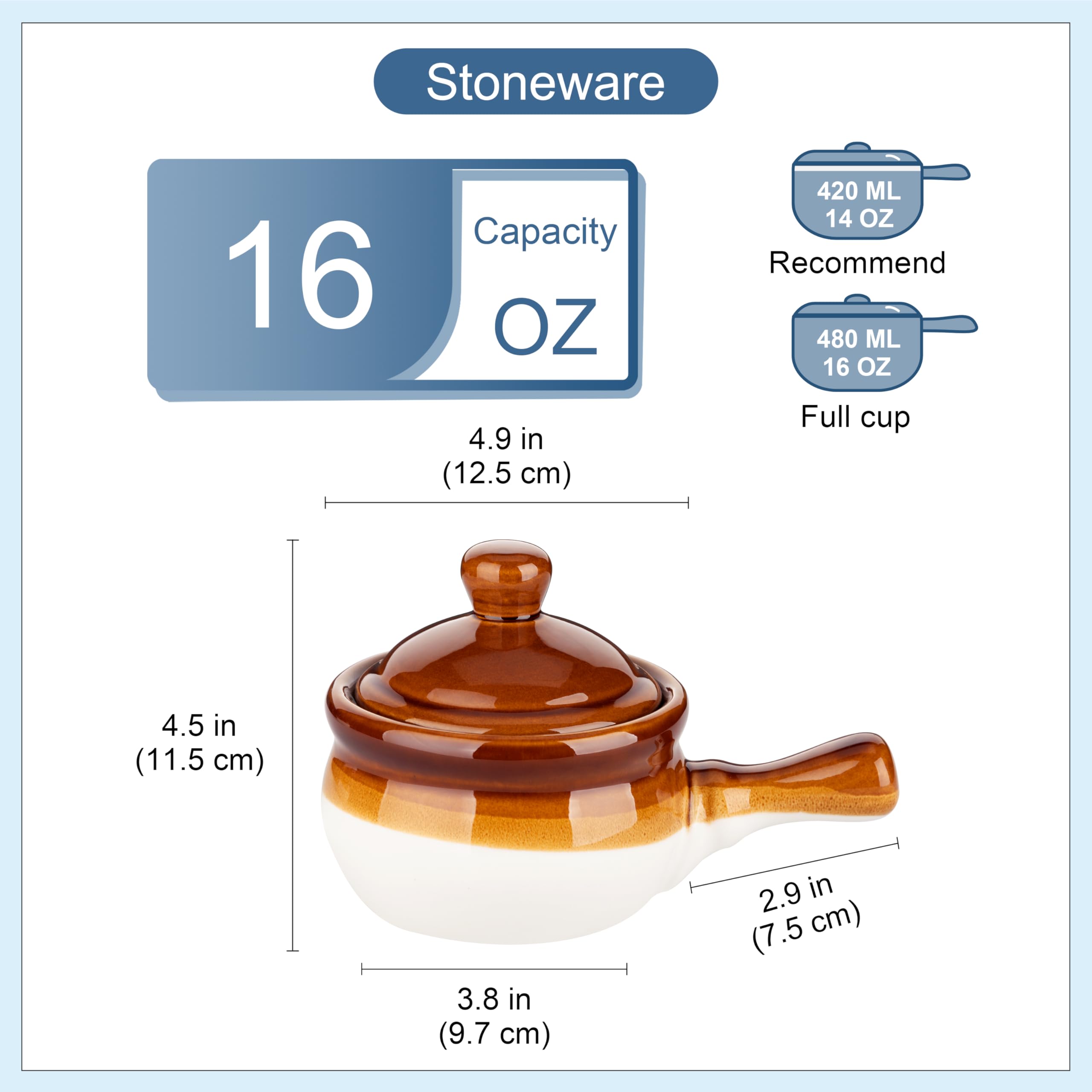 LOVECASA Französische Zwiebel, French Onion Soup Crocks, 4 Stück Steingut Zwiebelsuppe Schalen Set, 480ml Soup Bowls with Handles Soup Bowls with Lids for Soup für Zwiebelsuppe, Eintöpfe, Kasserollen
