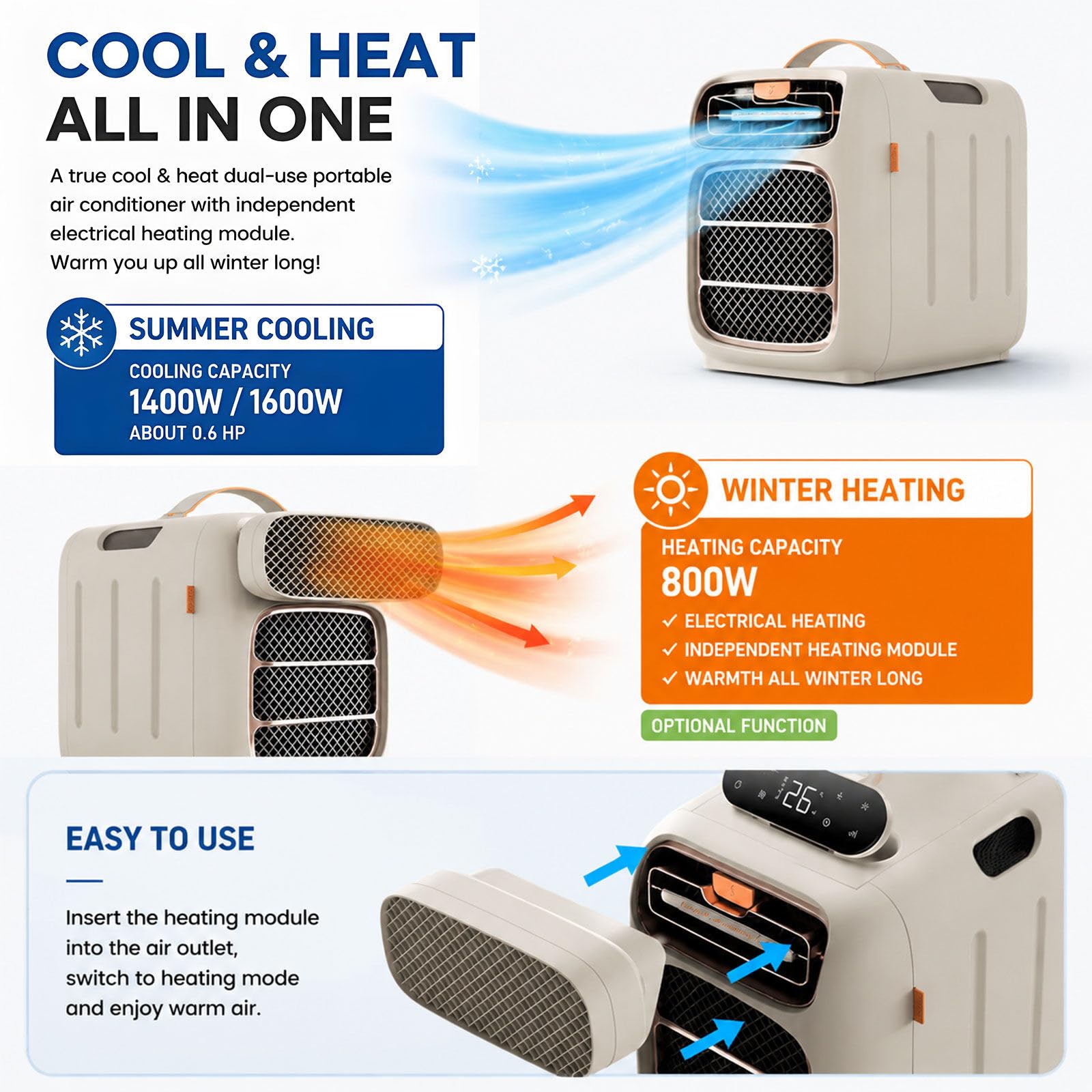 Klimatyzator namiotowy z uchwytem do przenoszenia i 3 ustawieniami wentylatora chłodzi powierzchnię 8–13 m² w vanach i biurach mobilnych Cooling+Heating