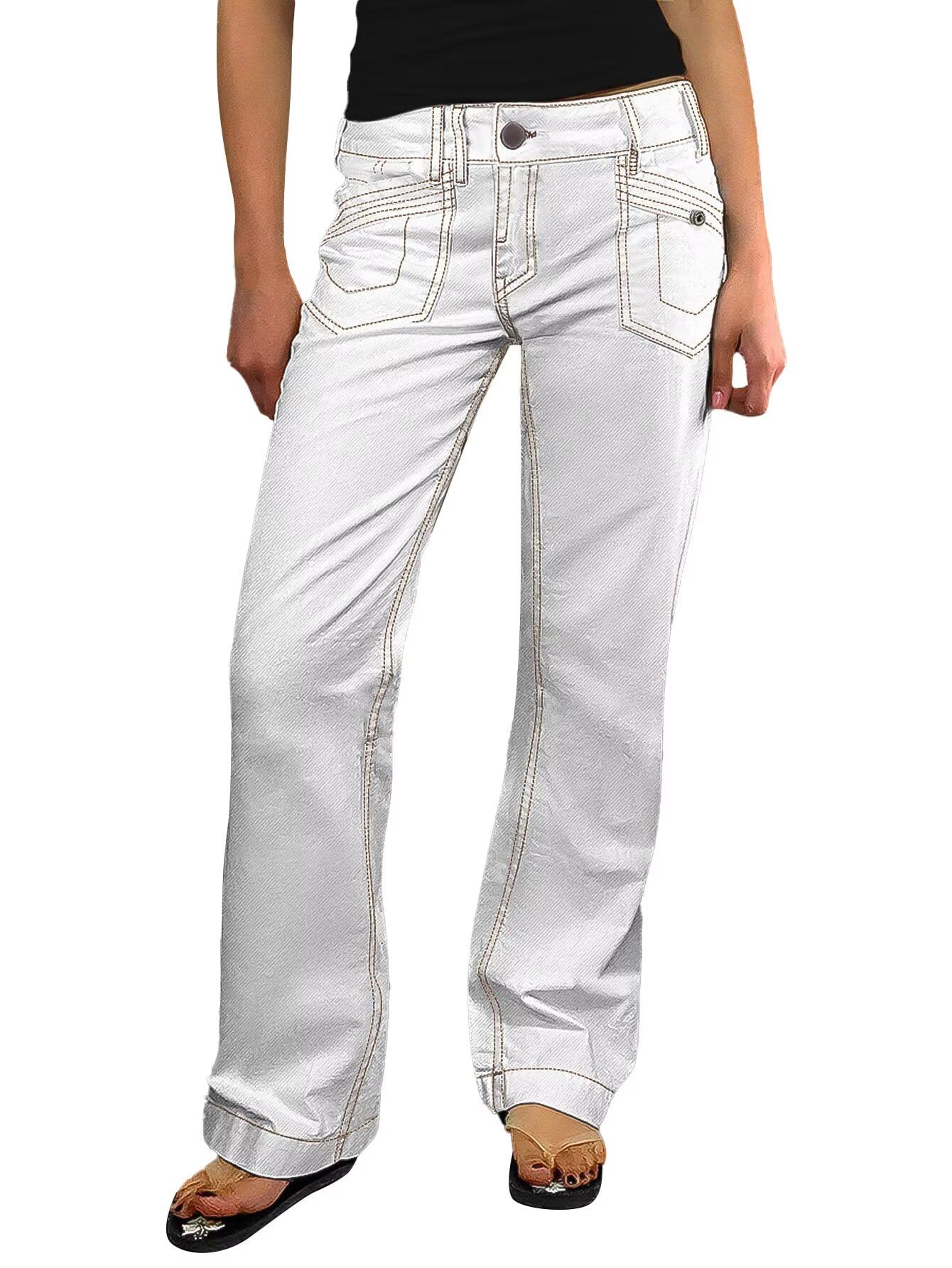 Flamingals Straight Leg Pants for Women Contrast Stitch Patch Pocket Mid Rise Pants