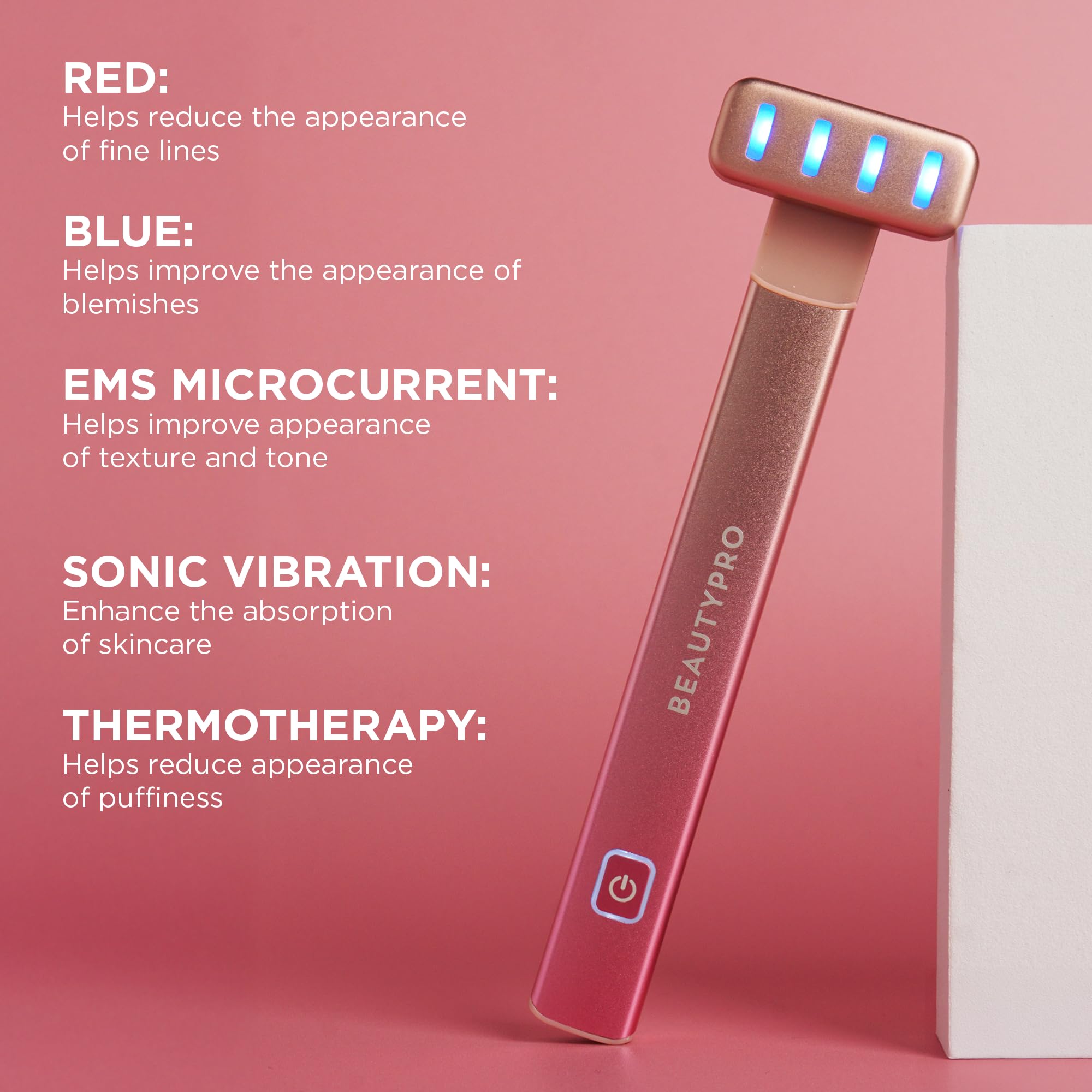 BEAUTYPRO Bacchetta LED 5 in 1 anti-età | Bacchetta per terapia con luce rossa e luce blu per viso e collo | Dispositivo facciale microcorrente EMS per anti-invecchiamento | Massaggiatore portatile |