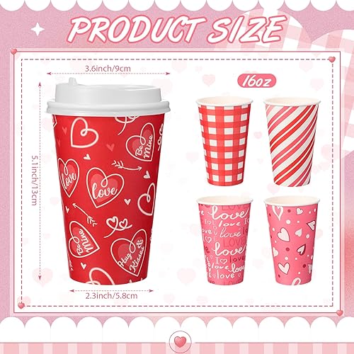 Miniatura 3 de 120 vasos de papel para el día de San Valentín de 16 onzas con tapas y agitadores, tazas de café de papel desechables, tazas calientes de papel,