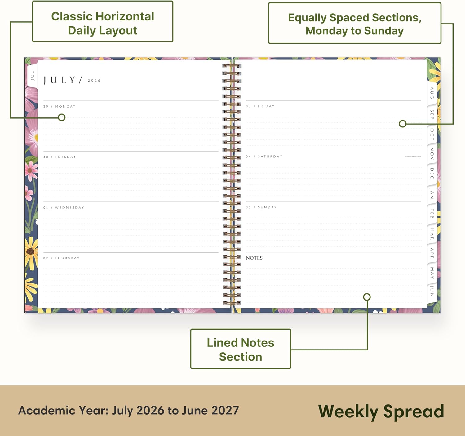 Blue Sky Sustainability 2026-2027 Weekly and Monthly Academic Year Planner Calendar, July 2026 - June 2027, 8.5" x 11", Flexible Cover From Recycled Plastic, Wirebound, Laminated Tabs, Storage Pocket, Gail