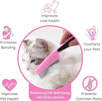 Flea Comb 7 Pieces Set for Cats and Dogs to Kill Fleas and Eggs, Kitten Comb Stainless Steel Lice and Tick Combs for Cats (Pink Colour) (Flea Comb)