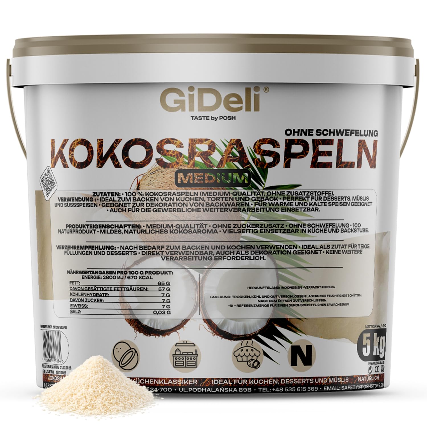 GiDeli Kokosraspeln 5kg im Eimer - Eine Quelle für Gesunde Fette und Ballaststoffe - Für Veganer und Personen mit Keto-Diät - Natürliche für Vielseitige Verwendung