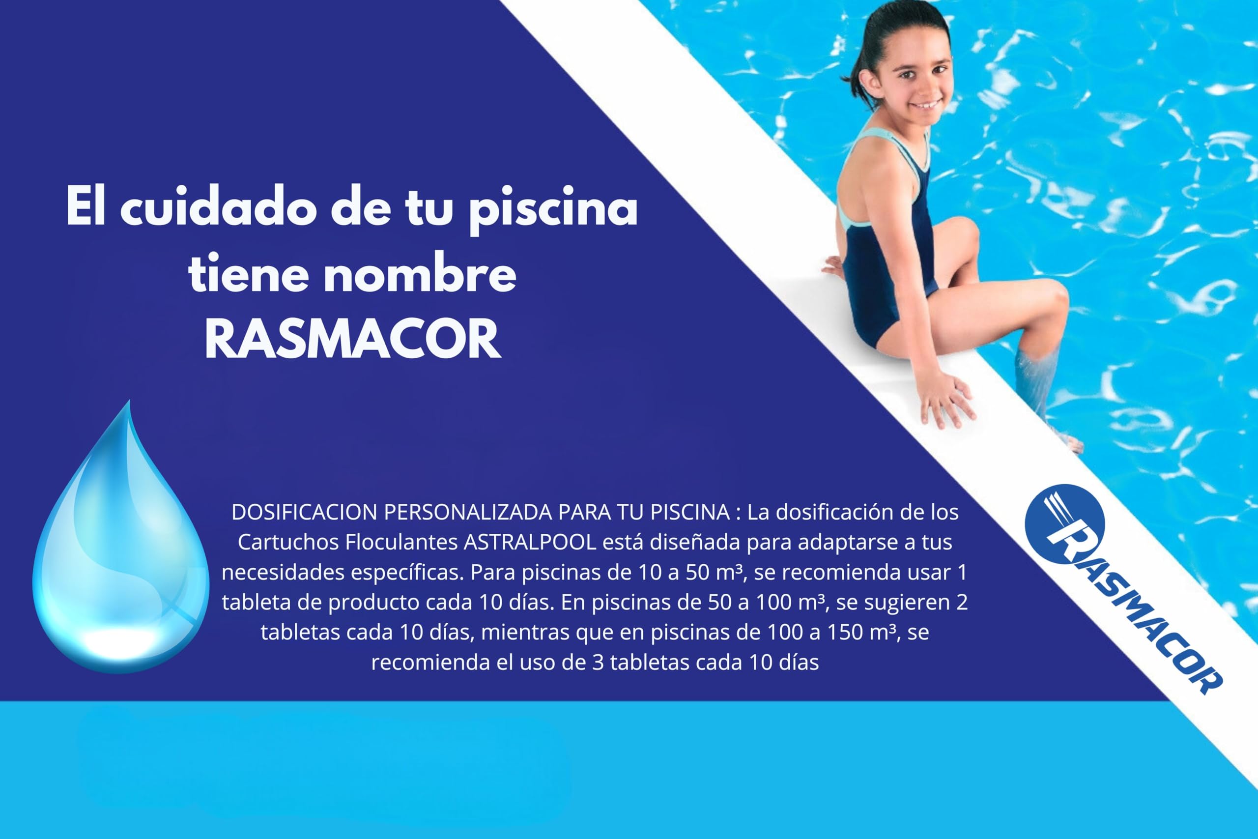 RASMACOR | Floculant Pool Cartouches 8 x 125g pour systèmes de Filtration Sable & Verre 1Kg | 11390 | Clarificateur pour eaux Troubles | Eau cristalline | Accessoires de Piscine | Fabr. Europe
