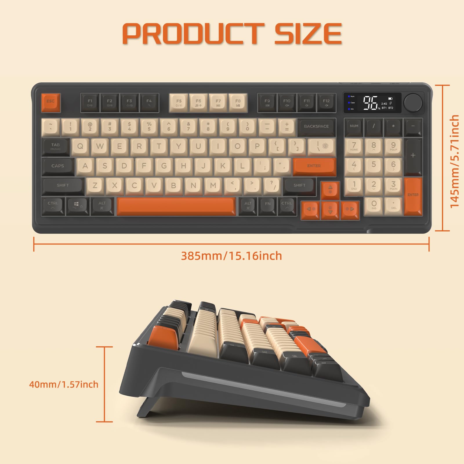 FREEWOLF M96 Tastiera Da Gioco Wireless, Controllo Tramite Manopola Bluetooth/Tastiera Wireless 2.4G, Retroilluminazione a LED RGB con Schermo, Copritasto PBT, 3000mAh, Layout USA QWERTY - Luccichio