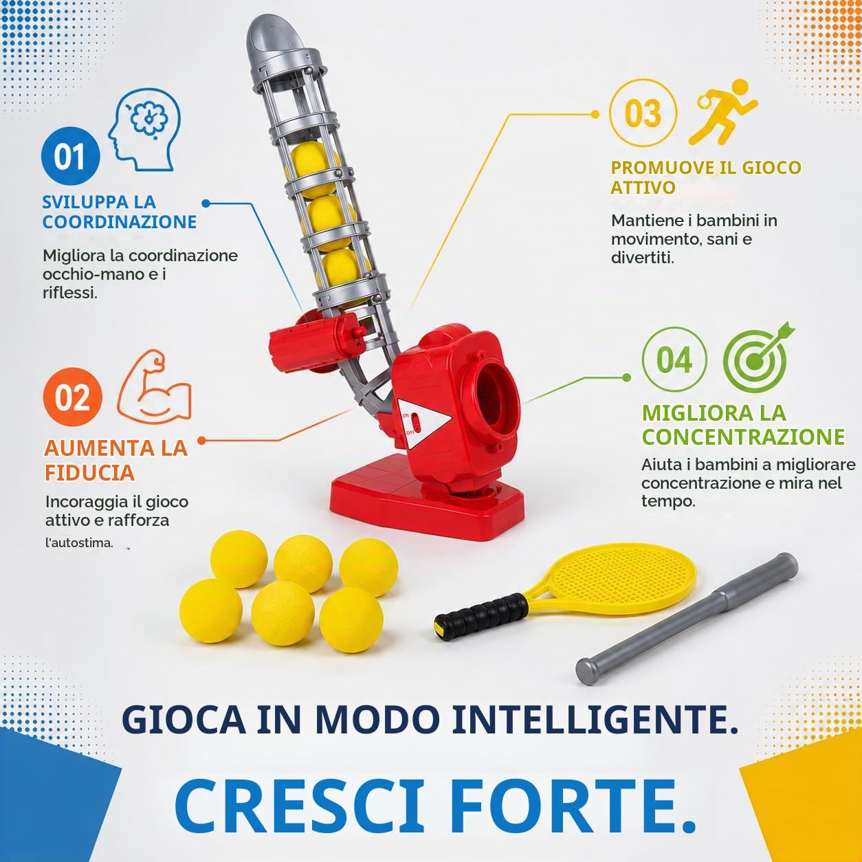 MMOBIEL Macchina da baseball e tennis 2 in 1 per bambini, lanciatore automatico di palline con 6 palline morbide in EVA, racchetta e racchetta. Giocattolo sportivo all'aperto dai 5 anni in su, set da