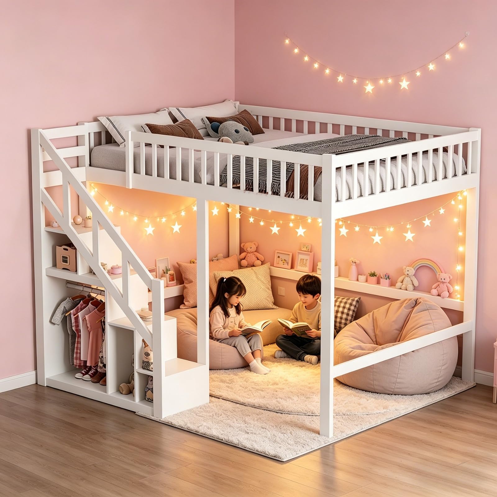 Etagenbett 90x200, Massivholz-Kinderbett mit Sicherheitstreppe & Aufbewahrungsschrank, Platzsparendes Jugendbett mit Lattenrost, Mehrzweck-Spielbett für Kinderzimmer Weiß (90x200cm)
