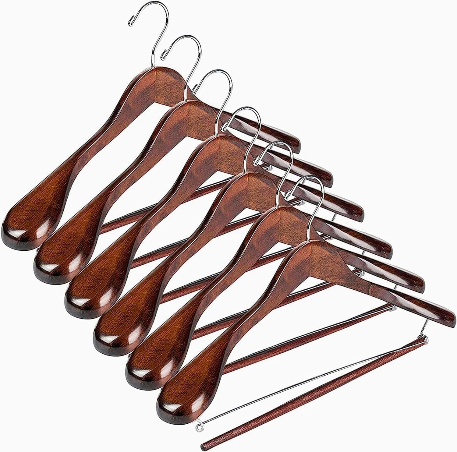 DEILSY Wide Shoulder Wooden Suit Hangers with Non-Slip Pants Bar & 360° Swivel Hook - Smooth Finish Coat Hangers for Men and Women - Heavy Duty Clothes Hanger – Pack of 6