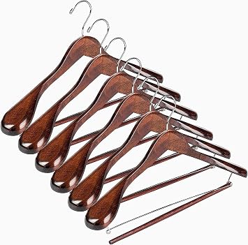 DEILSY Wide Shoulder Wooden Suit Hangers with Non-Slip Pants Bar & 360 Swivel Hook - Smooth Finish Coat Hangers for Men and Women - Heavy Duty Clothes Hanger Pack of 6