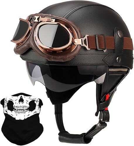 Miniatura 7 de Medio casco de cuero de estilo alemán para adultos, hombres y mujeres, aprobado por el DOT, casco de motocicleta de media cara para Cruiser Chopper