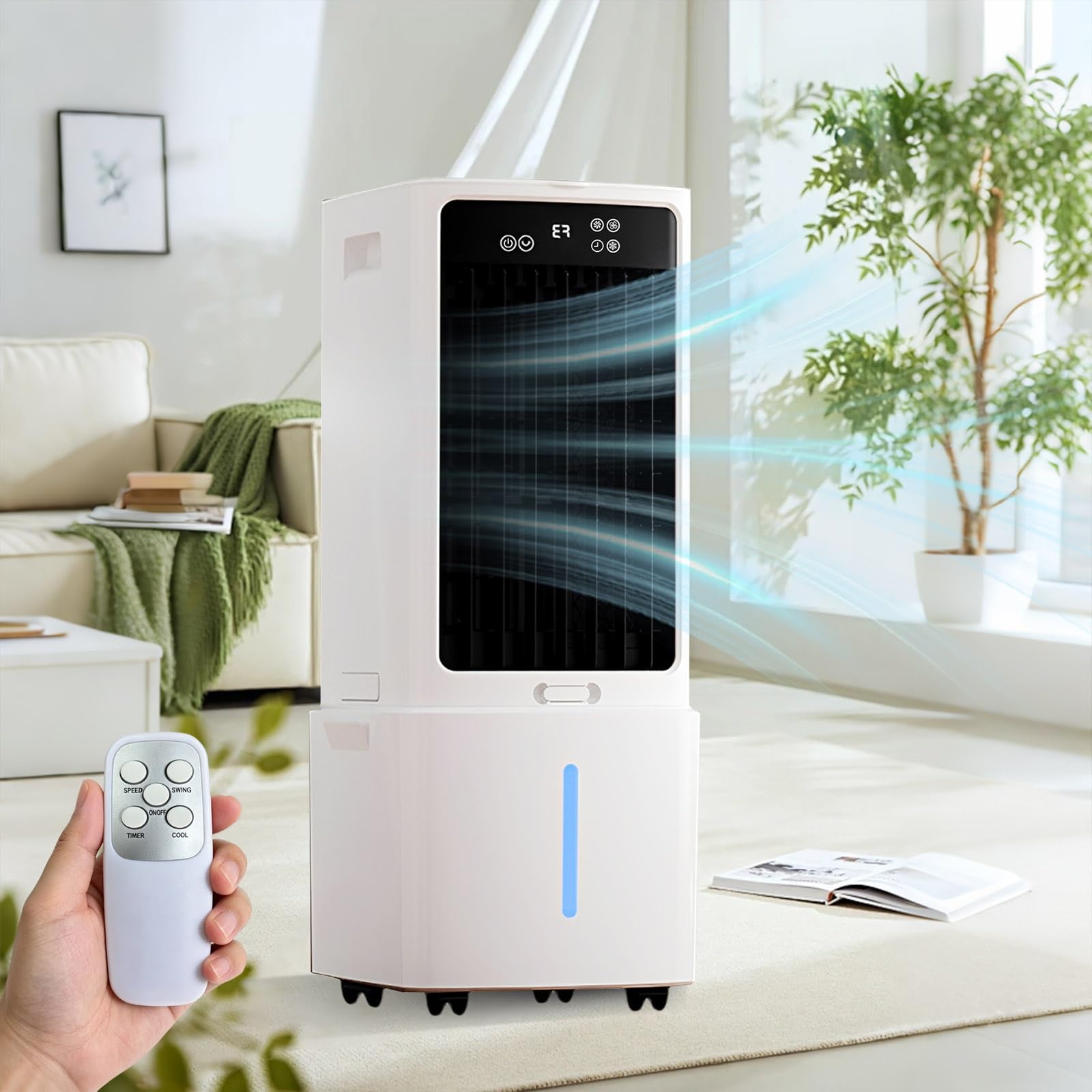 Evaporative Air Cooler 12L with 2 Ice Packs, Portable 3-in-1 Cooling Fan & Humidifier, Remote Control, 3 Speeds, 12H Timer, Oscillation for Bedroom Office
