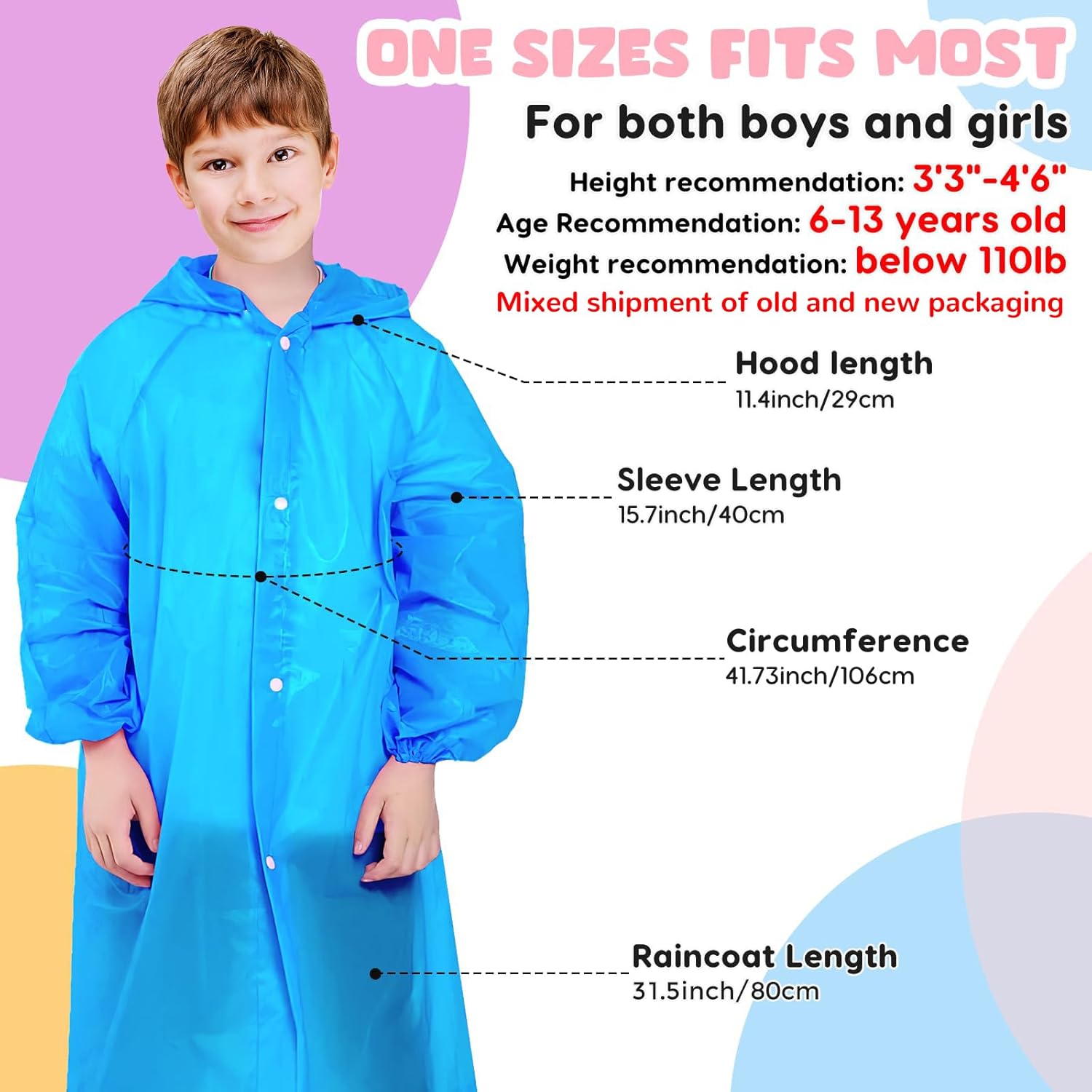 BFONS 2-3 Pack Rain Ponchos for Kids, Reusable Raincoats for Boys Girls with Hood and Sleeves, Waterproof Rain Jackets