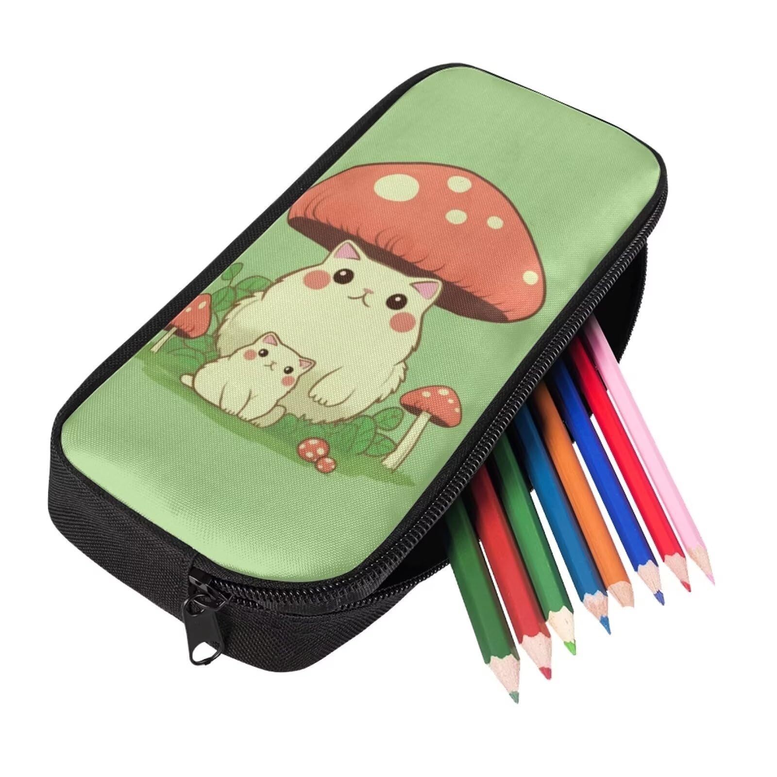 Showudesigns Mushroom Cat Pencil Case for Girls Pen Bag Children Pencilcase Elementary School Supplies Stationery Storage Pouch Green Purse - Image 2