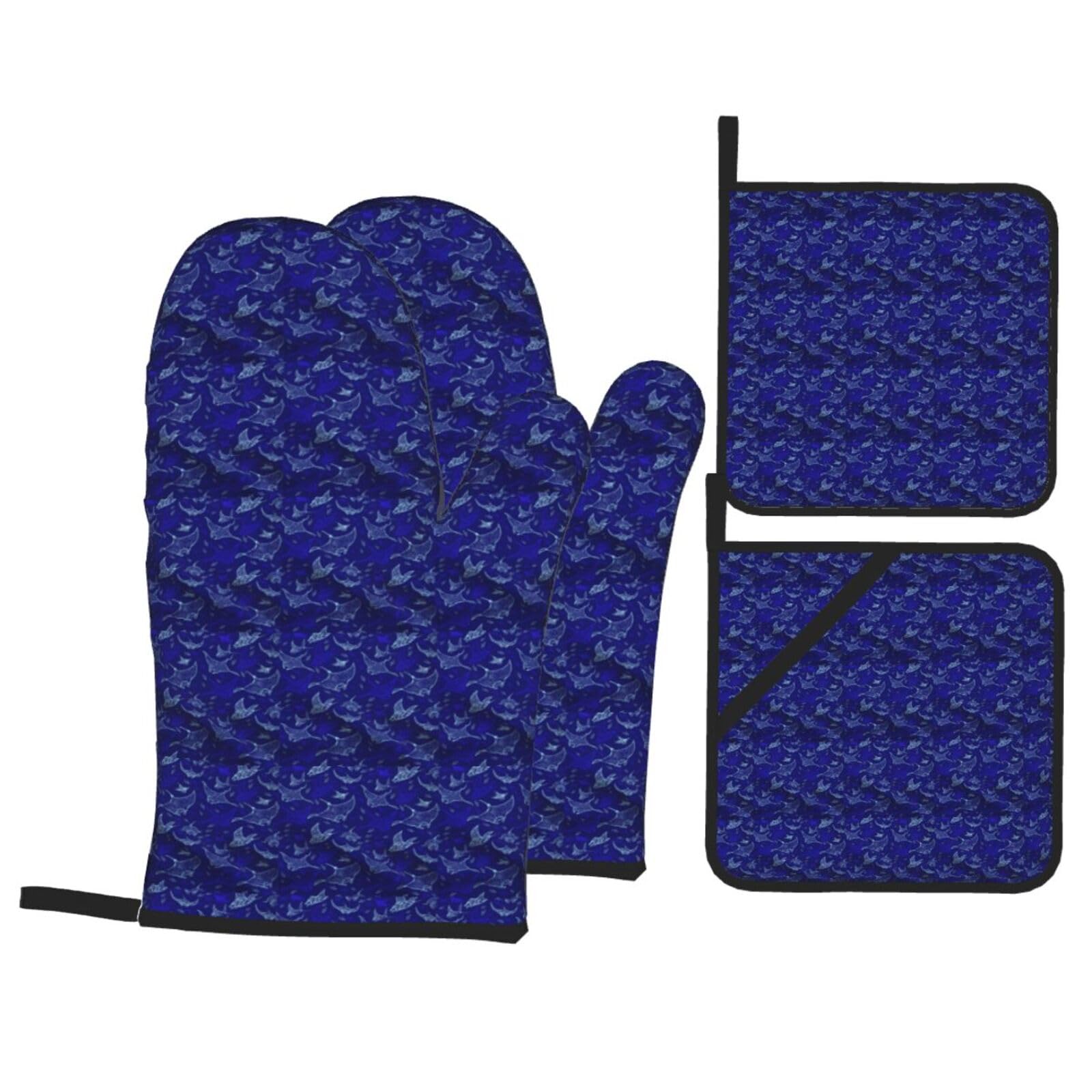 Manta Ray And Fish Print Stylish Heat-Resistant Oven 4-Piece Set Kitchen Gloves Roasting Daily Cooking