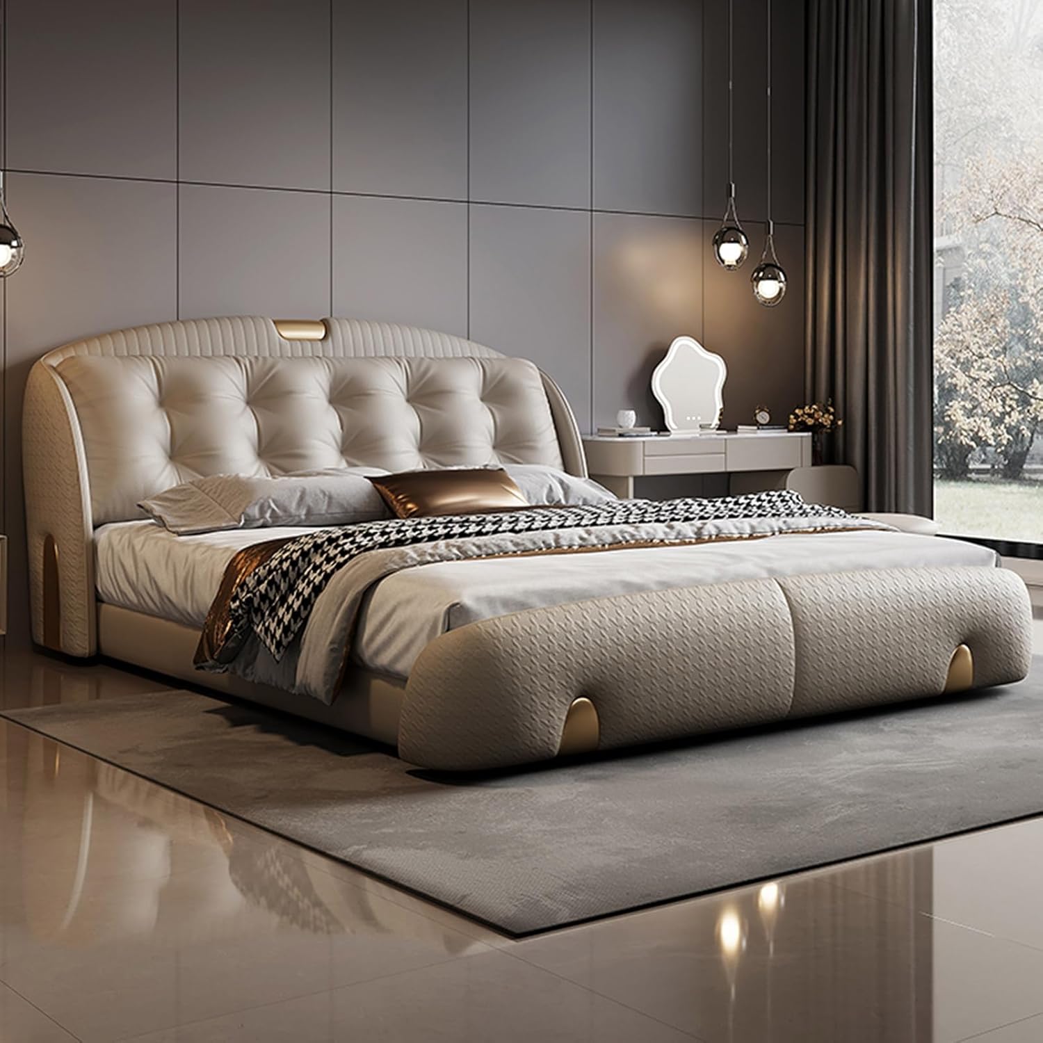 Modern Leather Light Luxury Wooden Slats Support Upholstered Platform Bed with Heavy Duty Wooden Slat Support Noise-Free