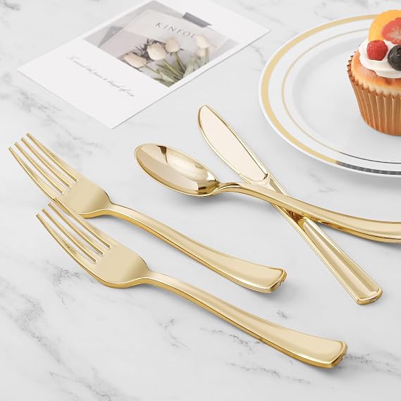 BESTVIP 300PCS Gold Plastic Plates and Silverware for 100 Guests, Pre Rolled Gold Plastic Silverware, Gold Plastic Plates for Party, Birthday
