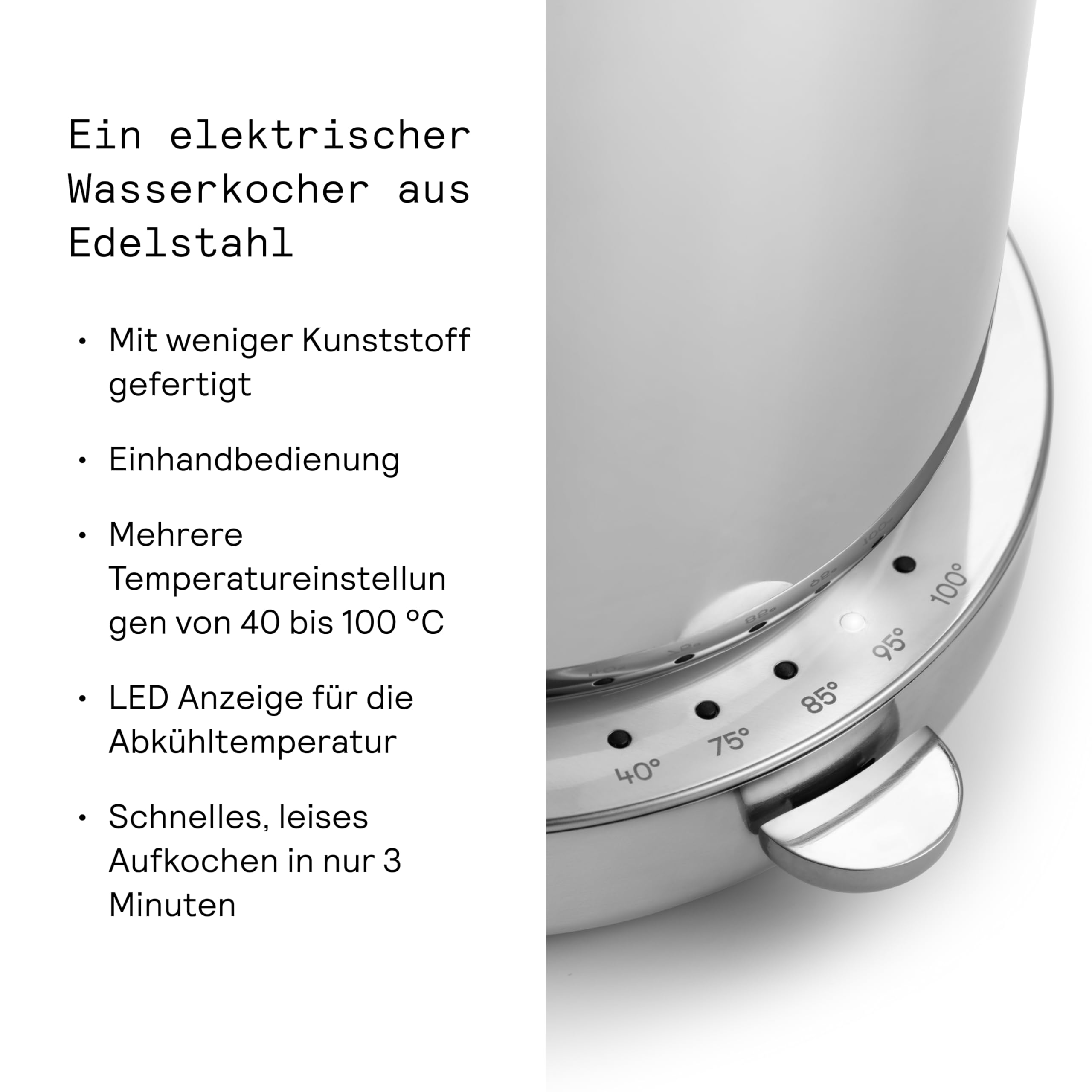 Aarke Wasserkocher aus Edelstahl mit mehreren Temperatureinstellungen, 360° drehbarem Sockel, leisem Kochvorgang und tropffreiem Ausgießer, Fassungsvermögen von 1,2 Litern (Steel)