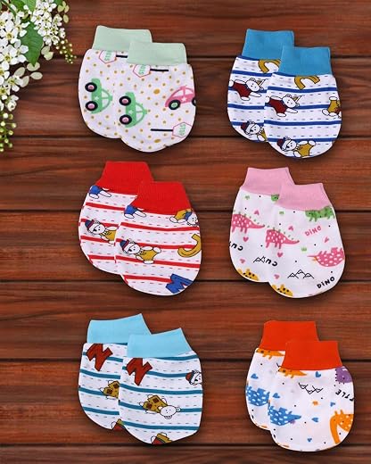 MOM'S DARLING Cotton Mittens for new born baby (0-6 months)-Pack of 6 pairs | Cotton Gloves with gentle elastic wristbands...