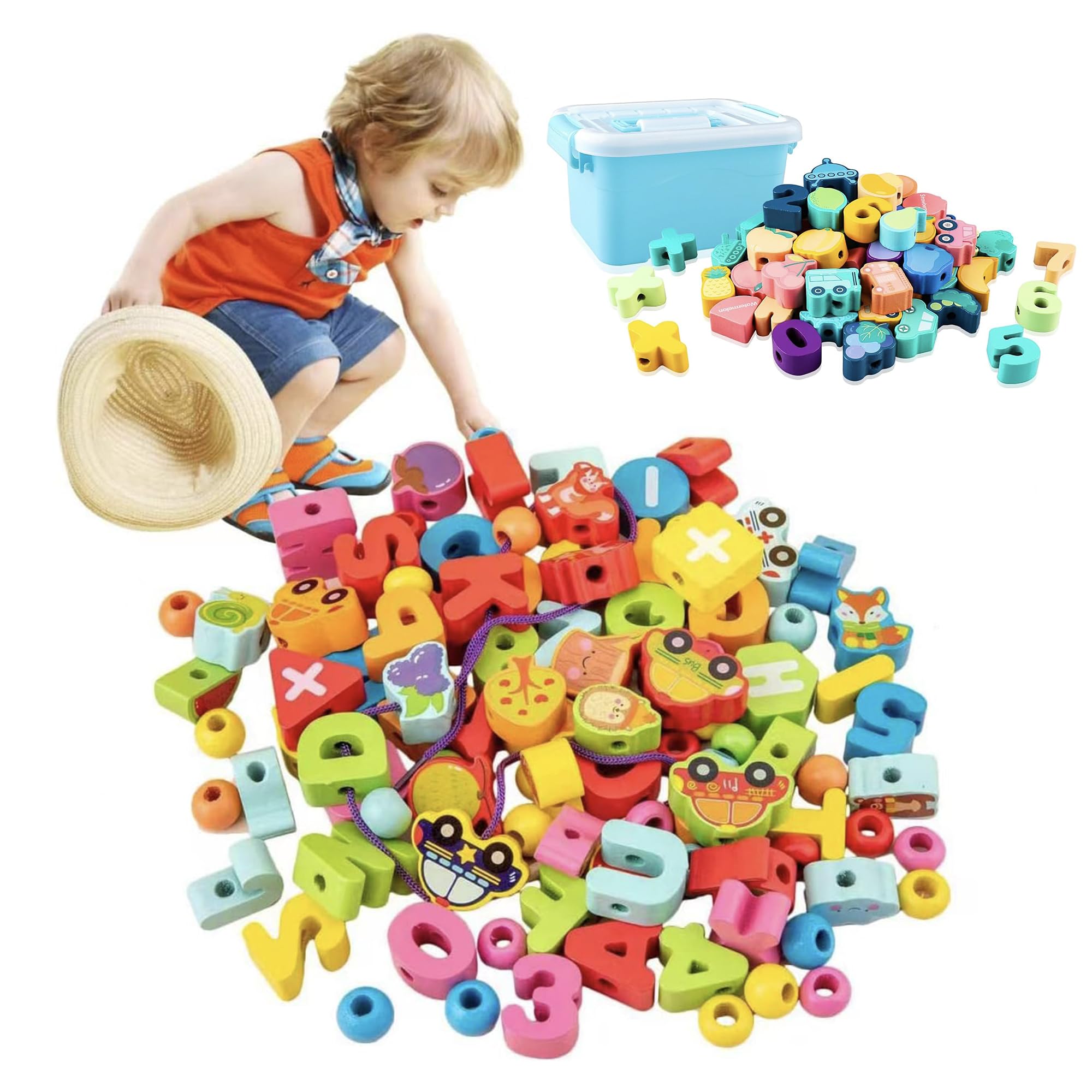 Kidology 49 Pcs Lacing Wooden Letters ABC Alphabet Beads - Motor Skills Toys for Toddler Preschool Games, Homeschool Supplies, Early Spelling Activities, Learning Materials