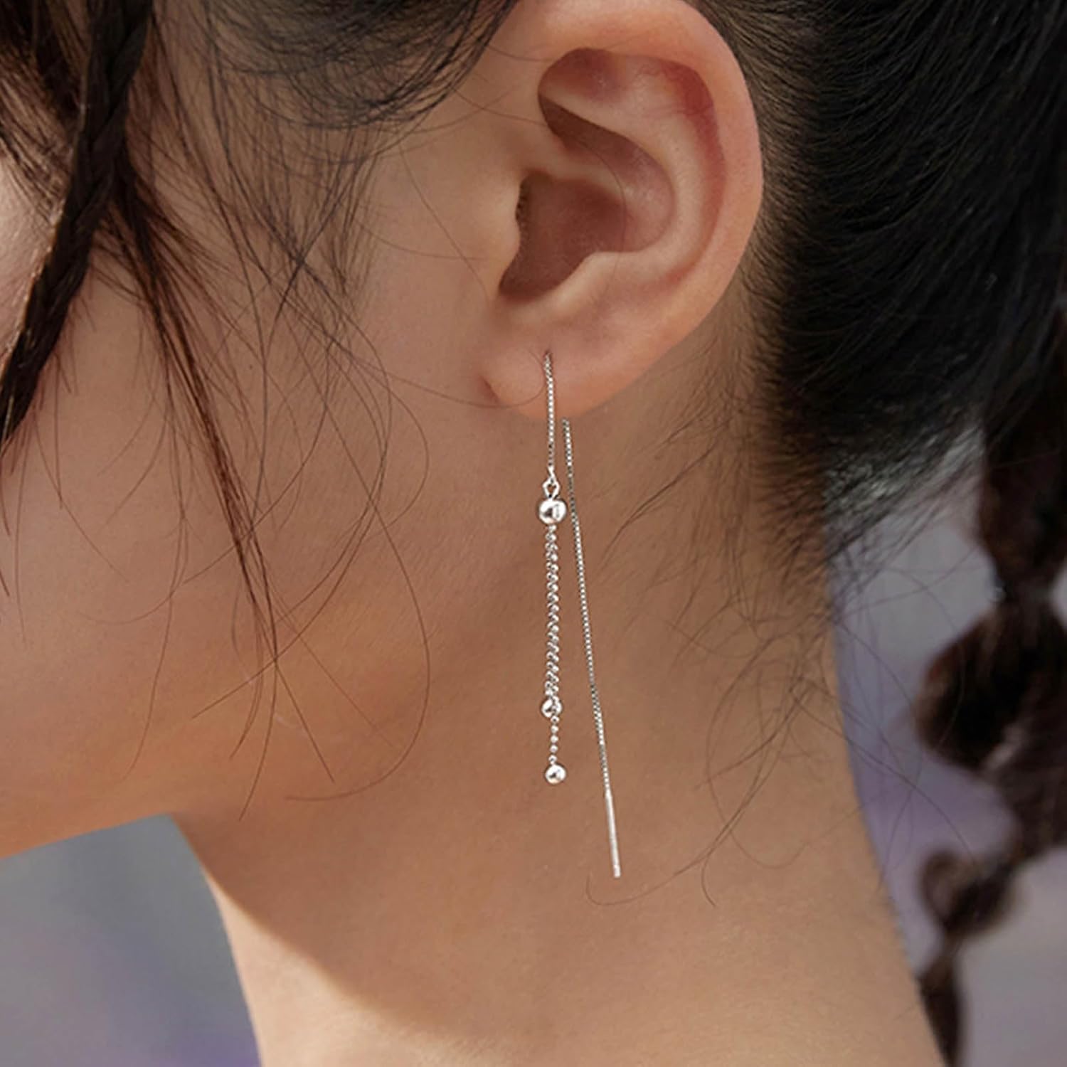 Vintage Long Chain Tassel Threader Earrings Silver Ball Bar Dangle Earrings Bar Threader Chain Earrings Long Pull Through Earring Jewelry for Women - Image 5