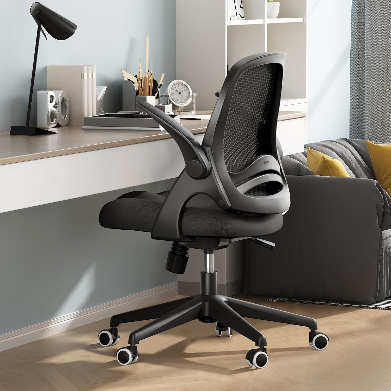 Office Desk Chair with Flip-Up Armrests and Saddle Cushion, Ergonomic Office Chair with S-Shaped Backrest, Swivel, Mesh, Black