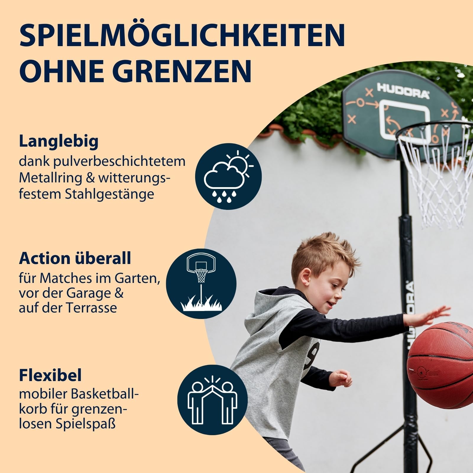 HUDORA Basketballständer Höhenverstellbarer Basketballkorb Mobile Korbanalage Outdoor mit Rollen