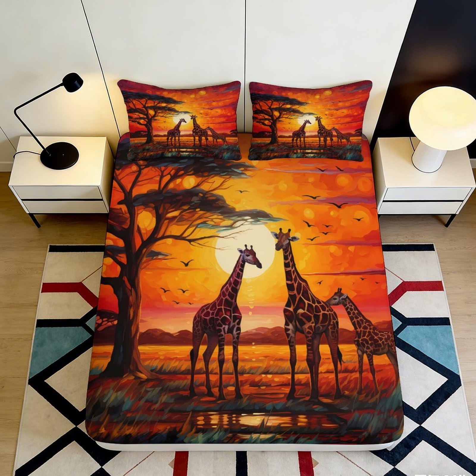 3D Printed Sunset Savannah Giraffe Fitted Sheet Microfiber Orange Bed Sheet Anti-Slip Decor for Bedroom Guest Room 90x200x25cm