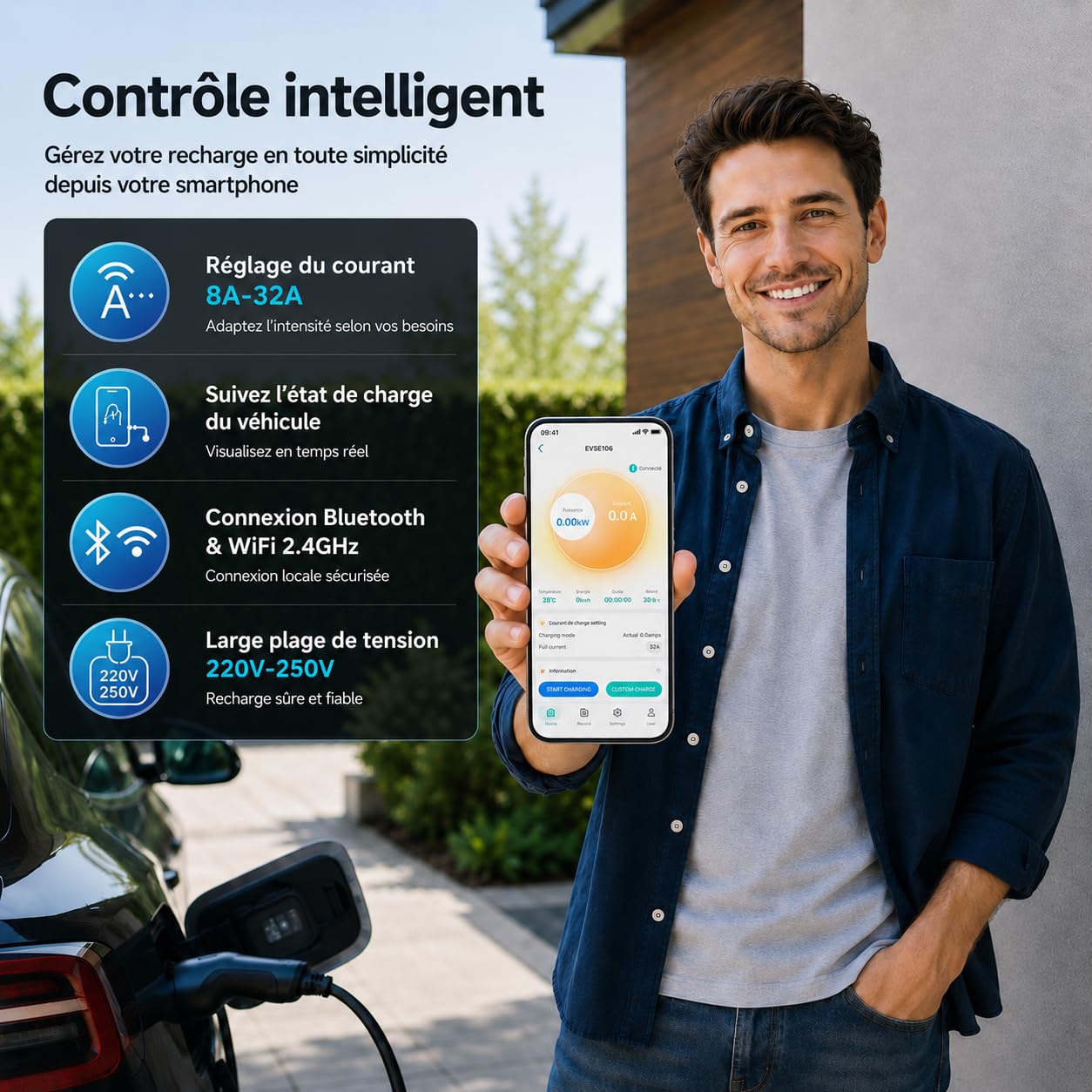 Borne de Recharge 7KW avec APP Contôle, Type 2 Chargeur Véhicule Électrique avec écran LCD[IEC 62196-2, 8-32A, 6+1m], Monophasé 32A Wallbox 7.2kW Compatible avec Tous Les EV